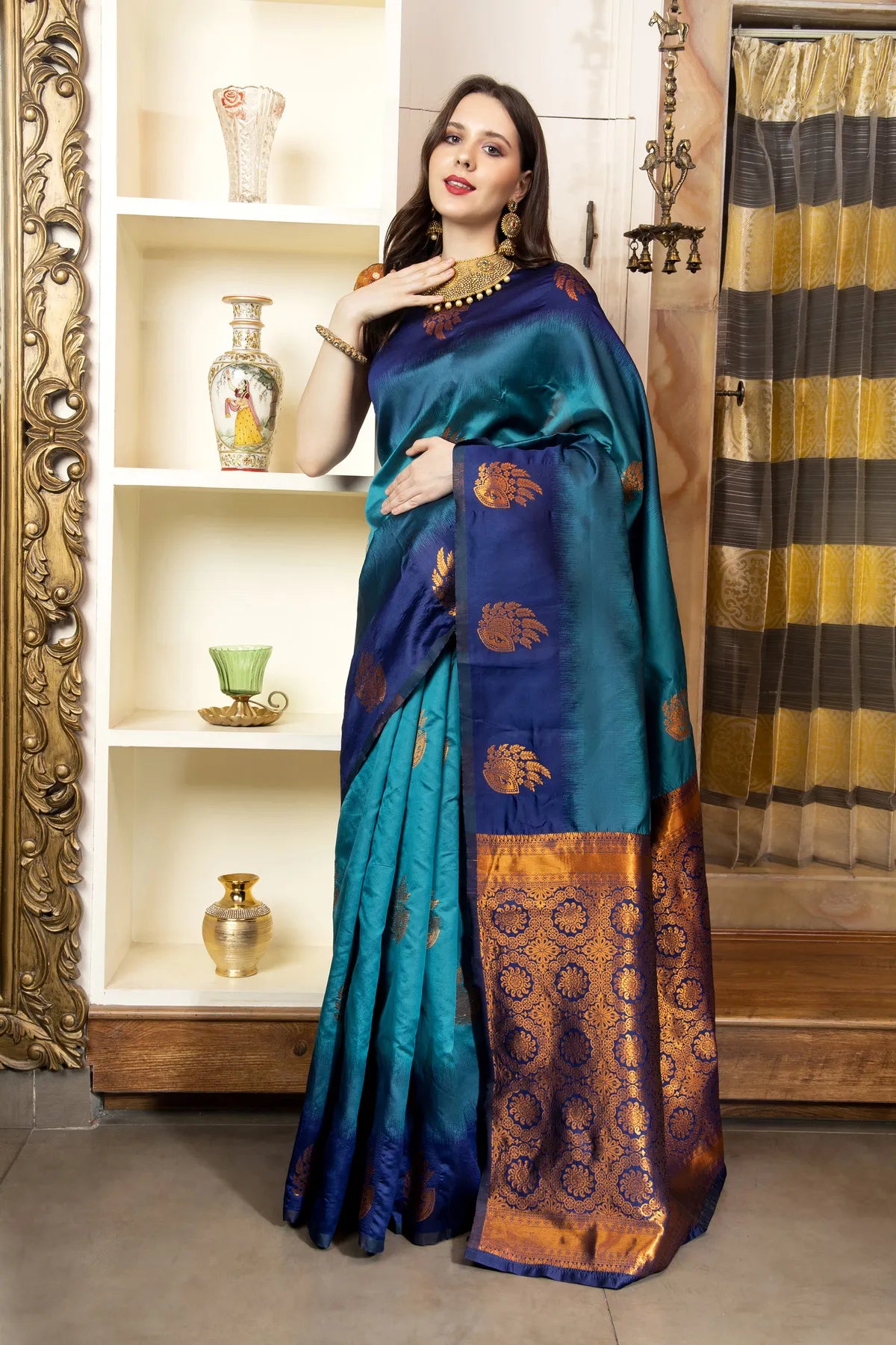Glimmering Threads: Exquisite Silk Sarees for Women's (A SAREE D3-BLUE & SEA BLUE)
