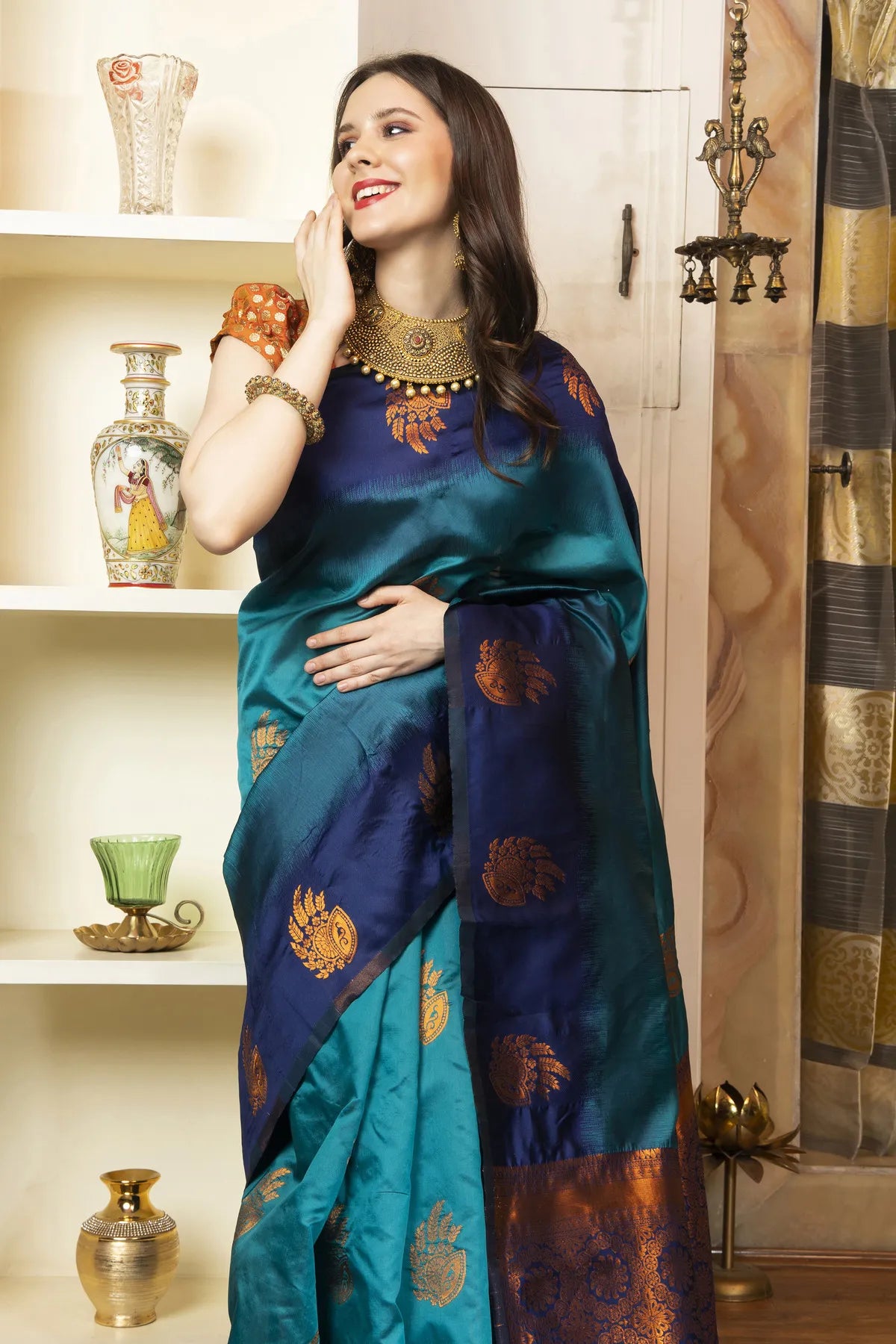Glimmering Threads: Exquisite Silk Sarees for Women's (A SAREE D3-BLUE & SEA BLUE)