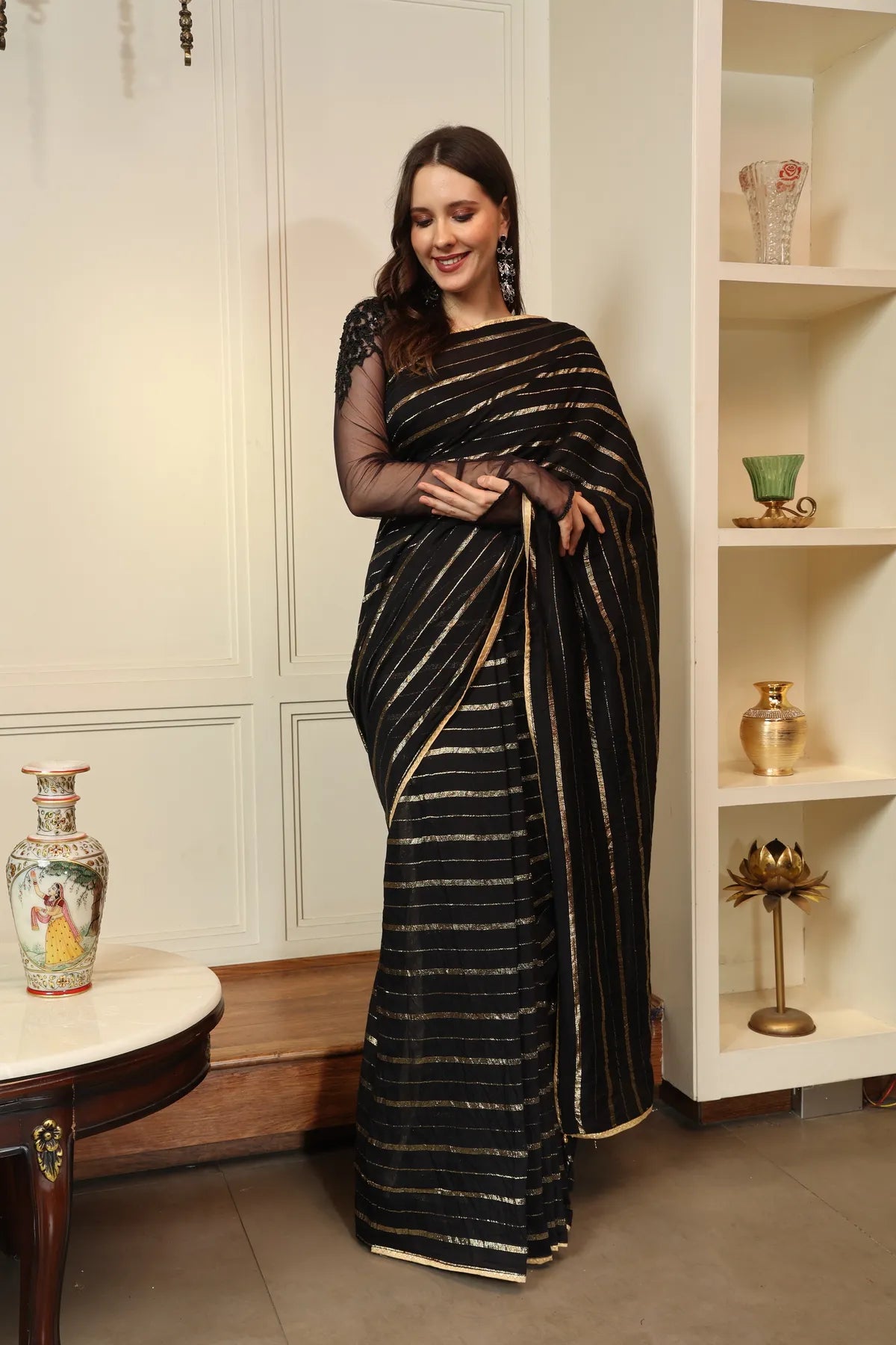 Glimmering Threads: Exquisite Silk Sarees for Women's (A SAREE D6-BLACK)