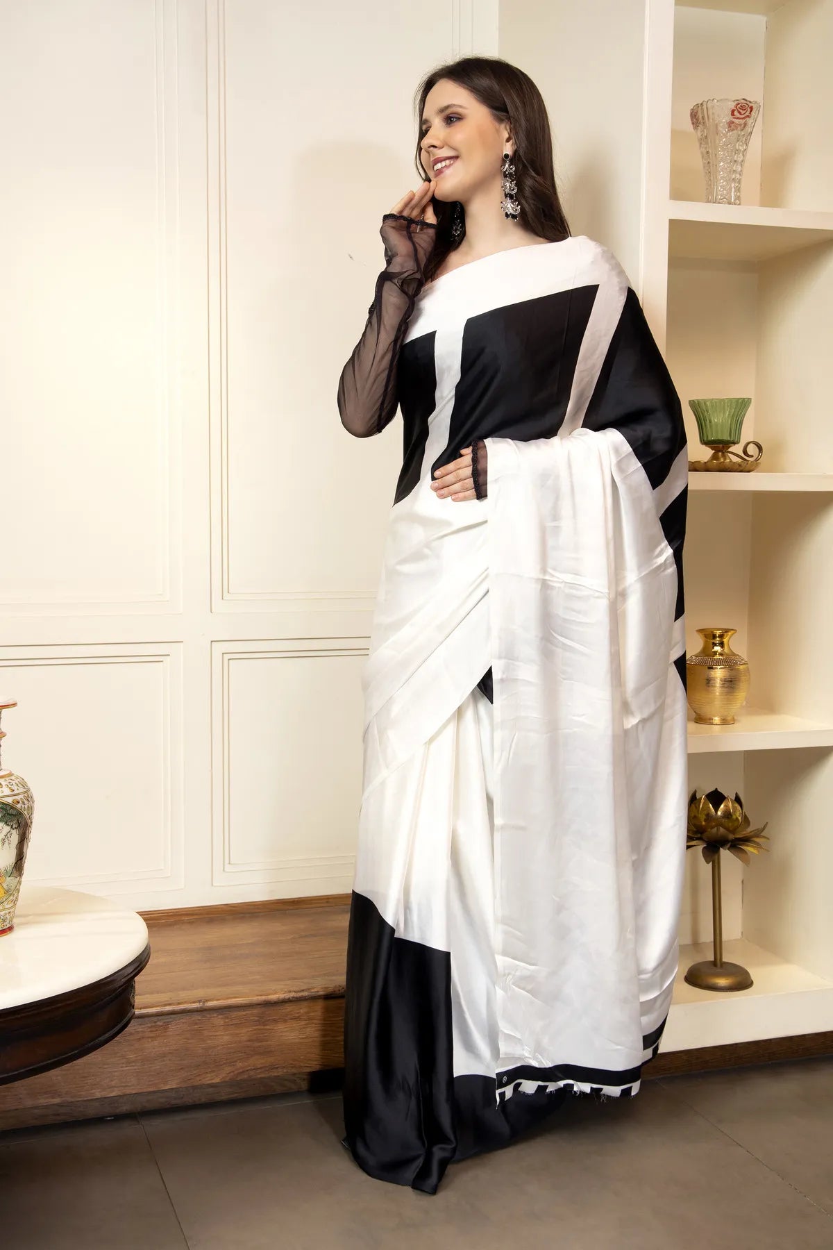 Glimmering Threads: Exquisite Silk Sarees for Women's (A SAREE D8-BLACK-WHITE)