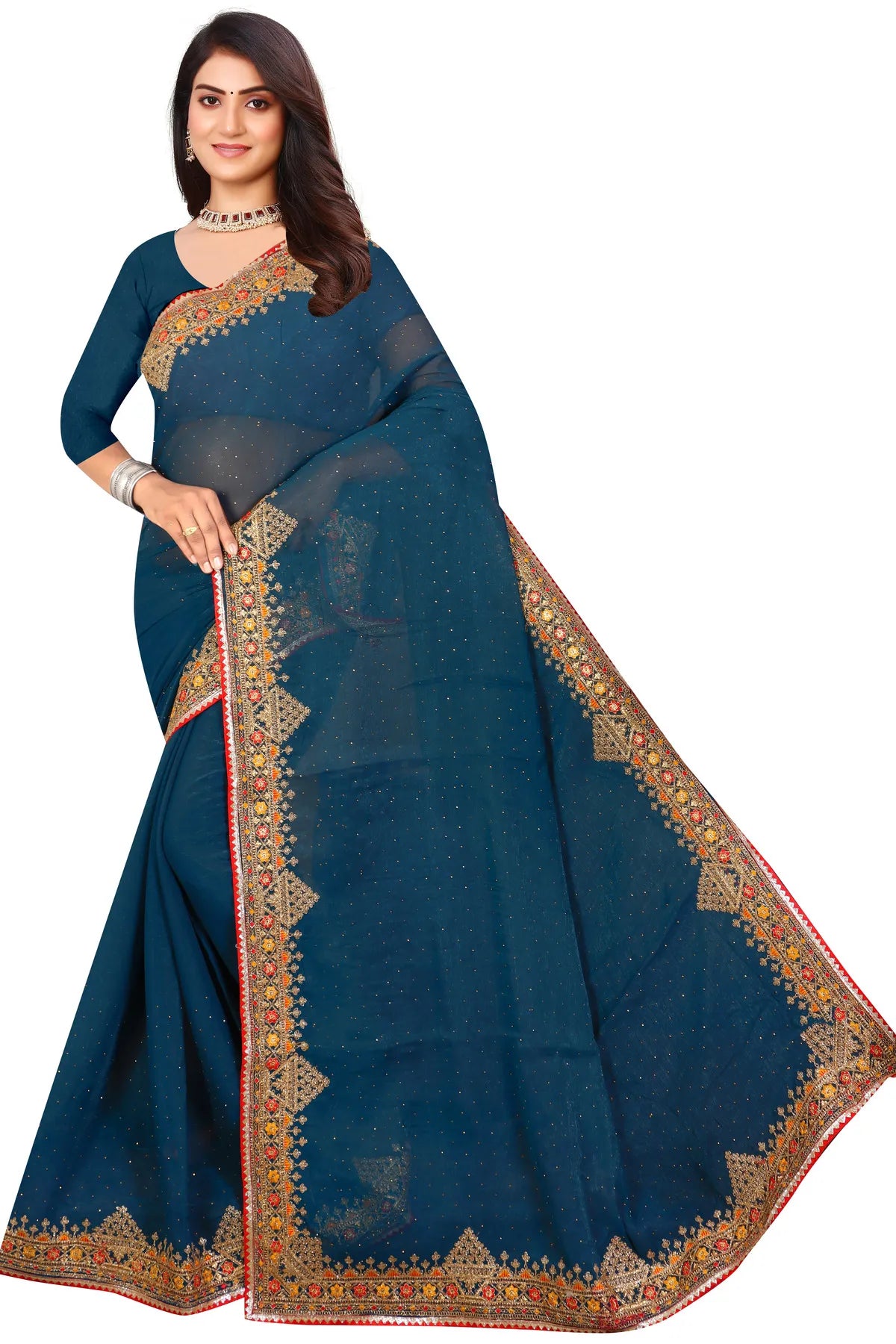 Enchanted Sparkle Shimmer Chiffon Sarees D11-Blue