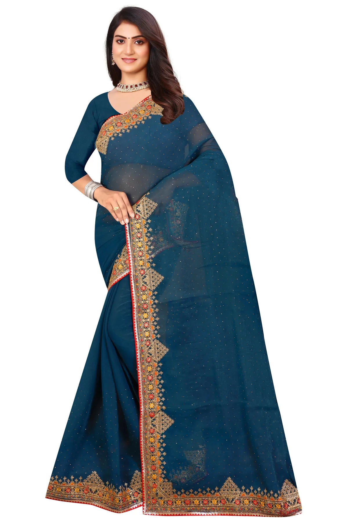 Enchanted Sparkle Shimmer Chiffon Sarees D11-Blue