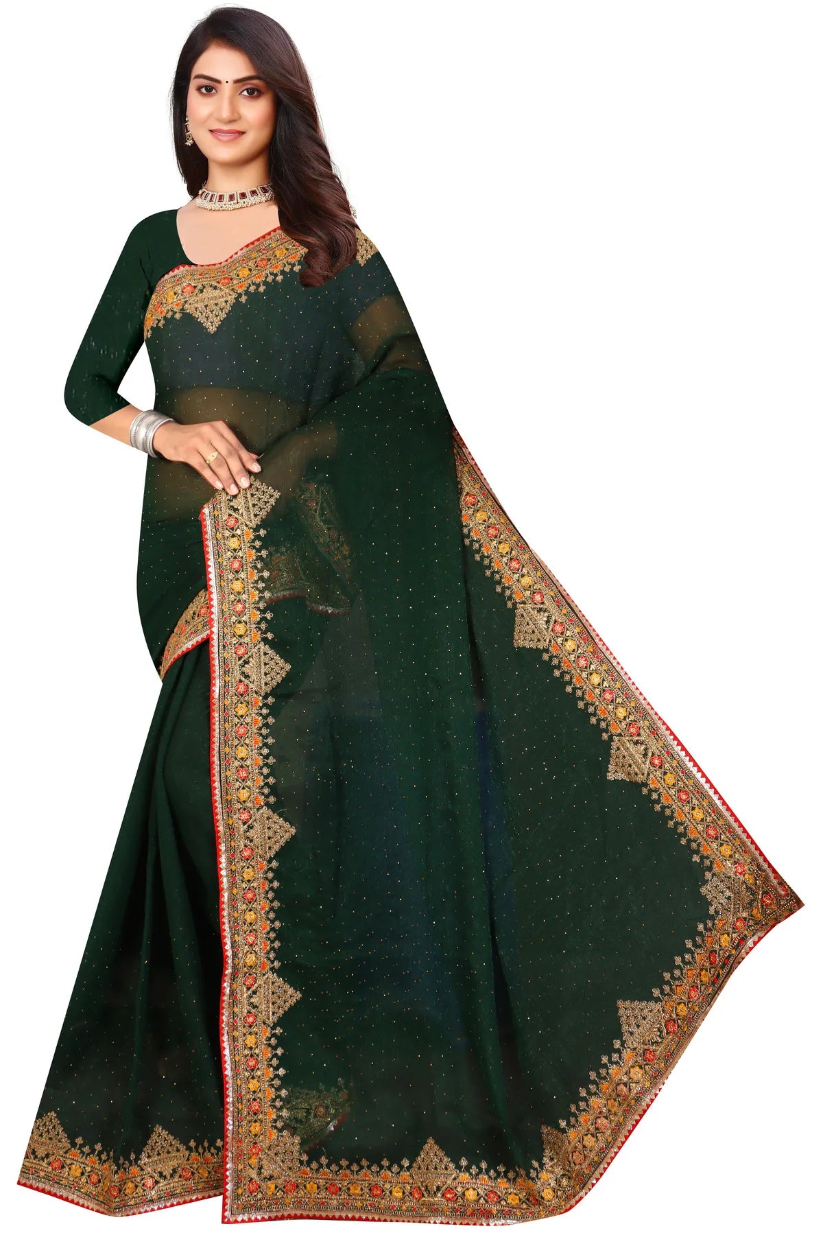 Enchanted Sparkle Shimmer Chiffon Sarees D11-Green