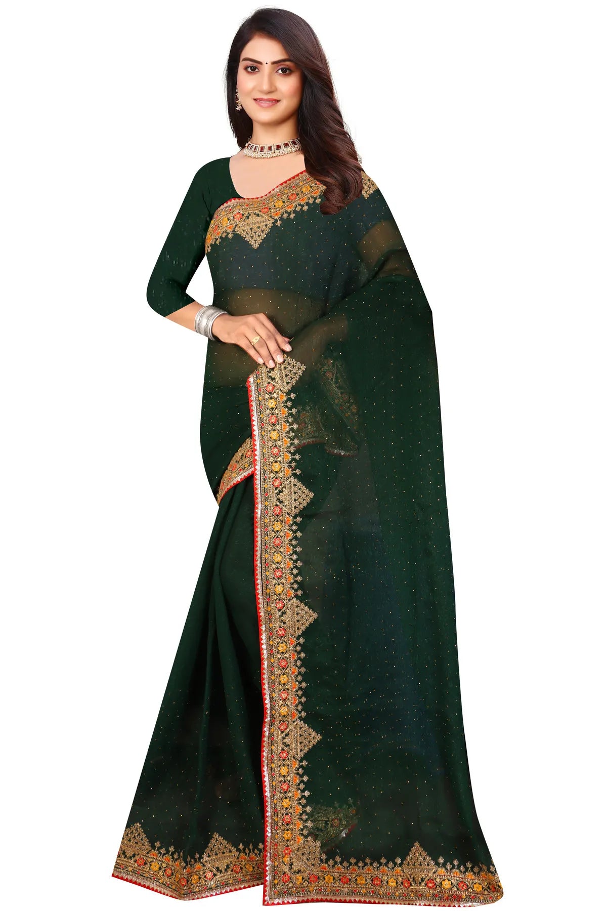 Enchanted Sparkle Shimmer Chiffon Sarees D11-Green