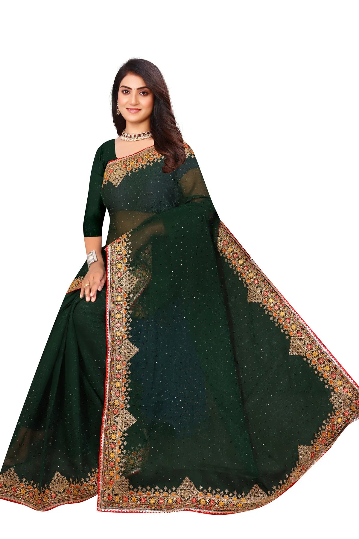 Enchanted Sparkle Shimmer Chiffon Sarees D11-Green