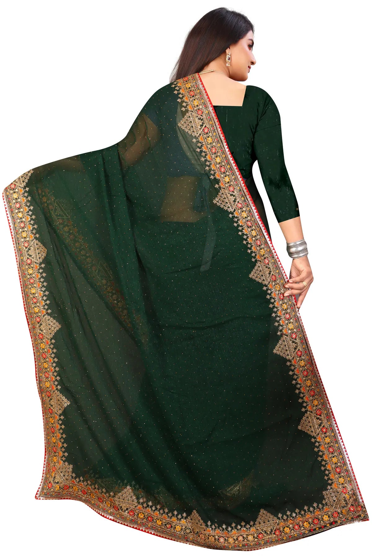 Enchanted Sparkle Shimmer Chiffon Sarees D11-Green