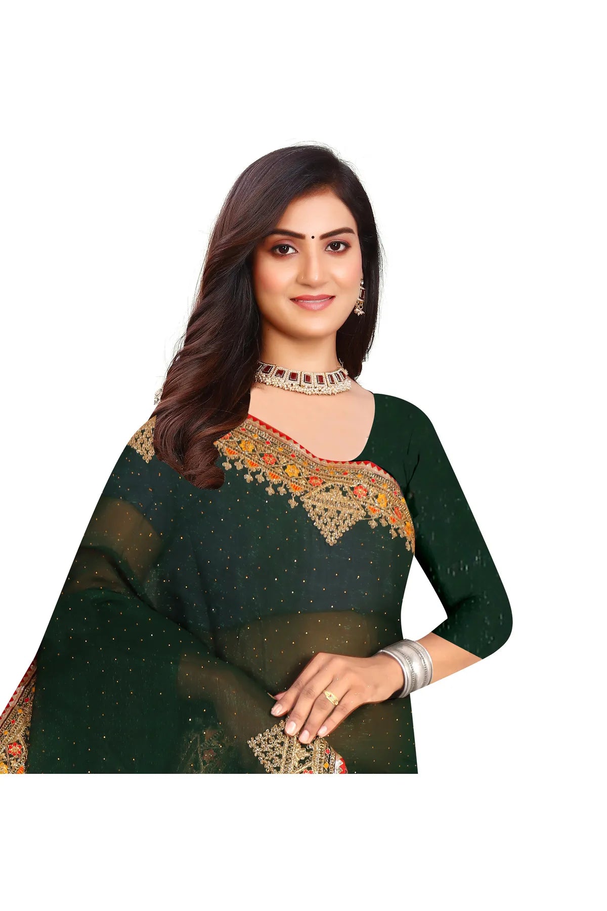 Enchanted Sparkle Shimmer Chiffon Sarees D11-Green