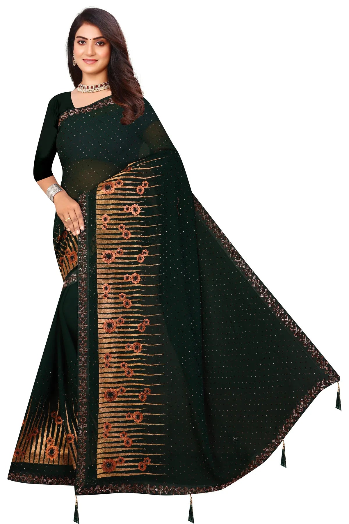 Enchanted Sparkle Shimmer Chiffon Sarees D12-Green