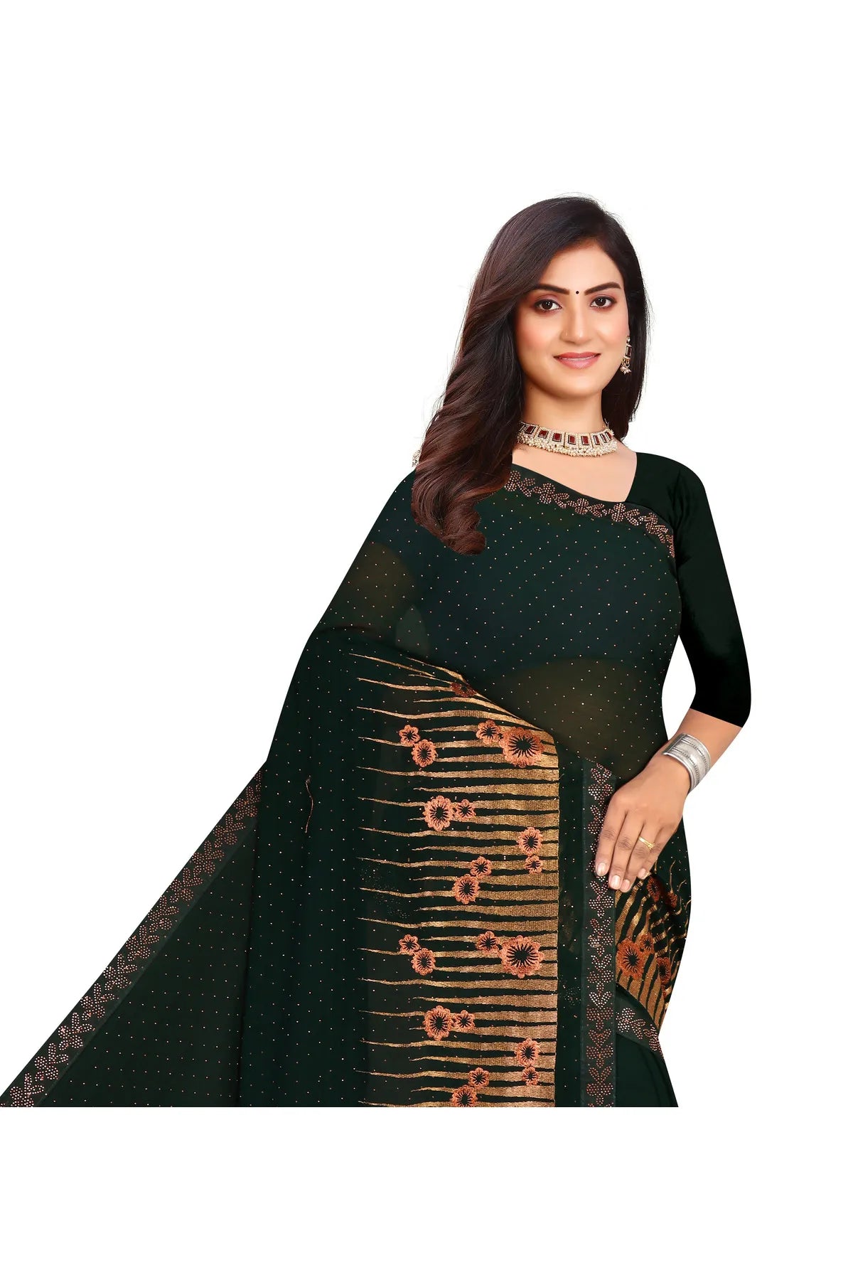 Enchanted Sparkle Shimmer Chiffon Sarees D12-Green