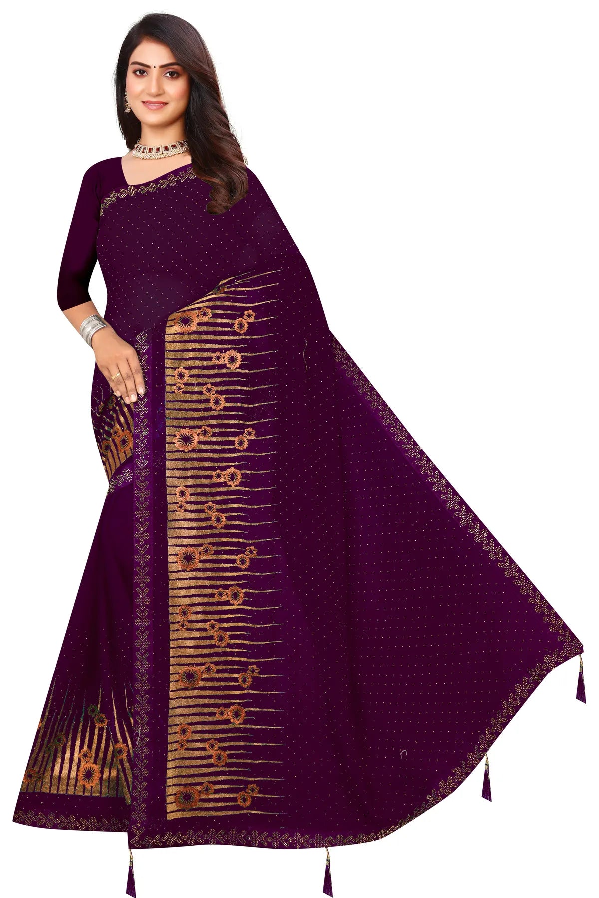 Enchanted Sparkle Shimmer Chiffon Sarees D12-Purple