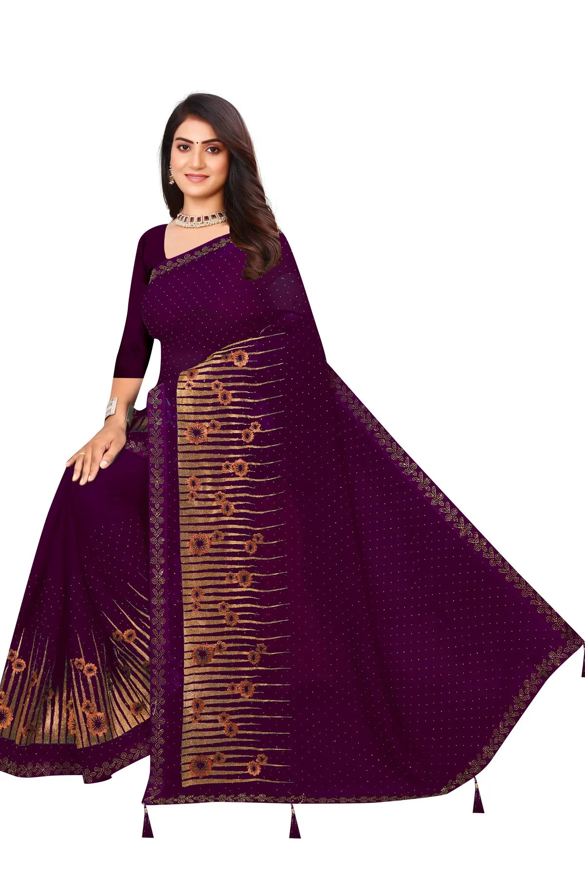 Enchanted Sparkle Shimmer Chiffon Sarees D12-Purple