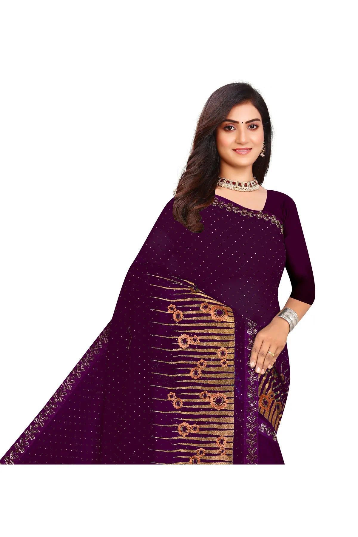 Enchanted Sparkle Shimmer Chiffon Sarees D12-Purple