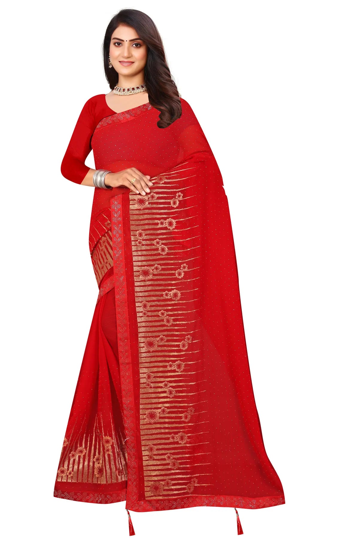 Enchanted Sparkle Shimmer Chiffon Sarees D12-Red