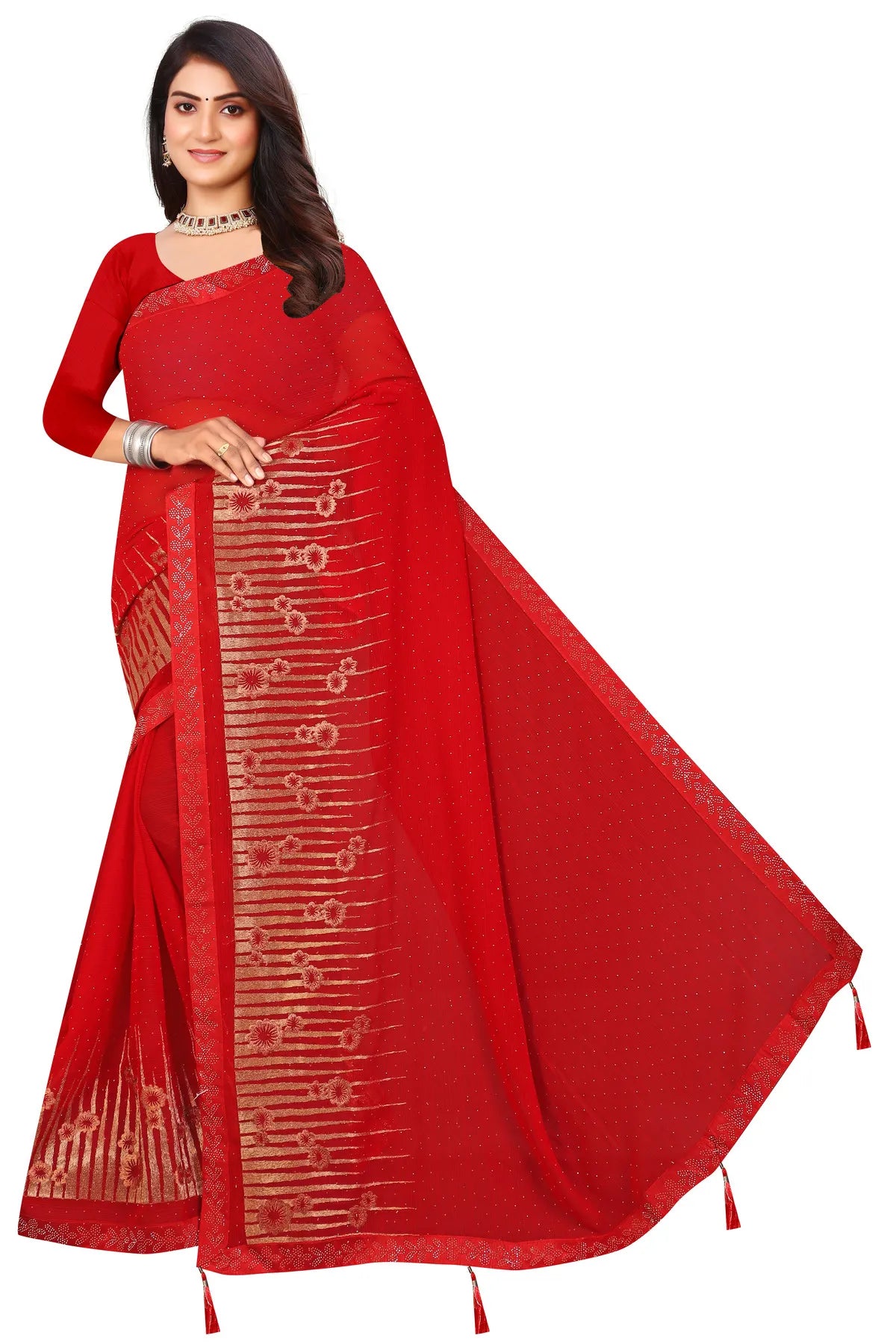 Enchanted Sparkle Shimmer Chiffon Sarees D12-Red