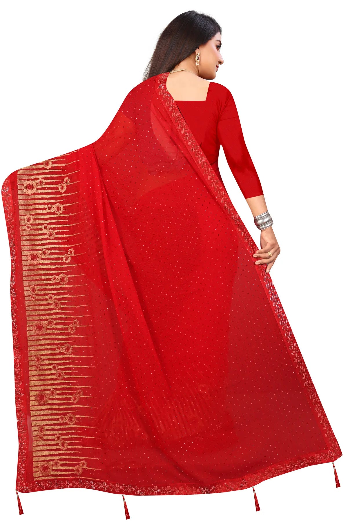 Enchanted Sparkle Shimmer Chiffon Sarees D12-Red