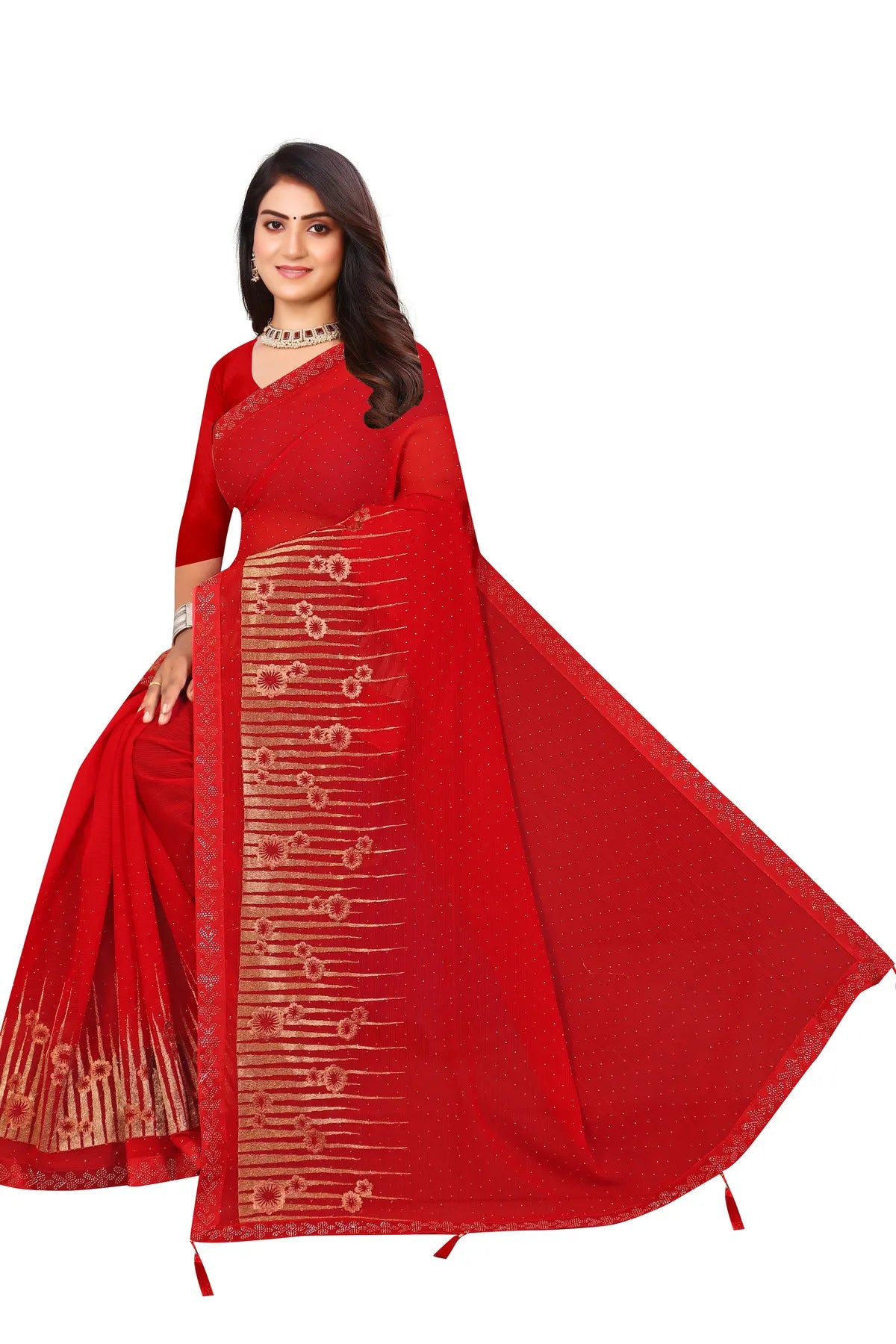 Enchanted Sparkle Shimmer Chiffon Sarees D12-Red