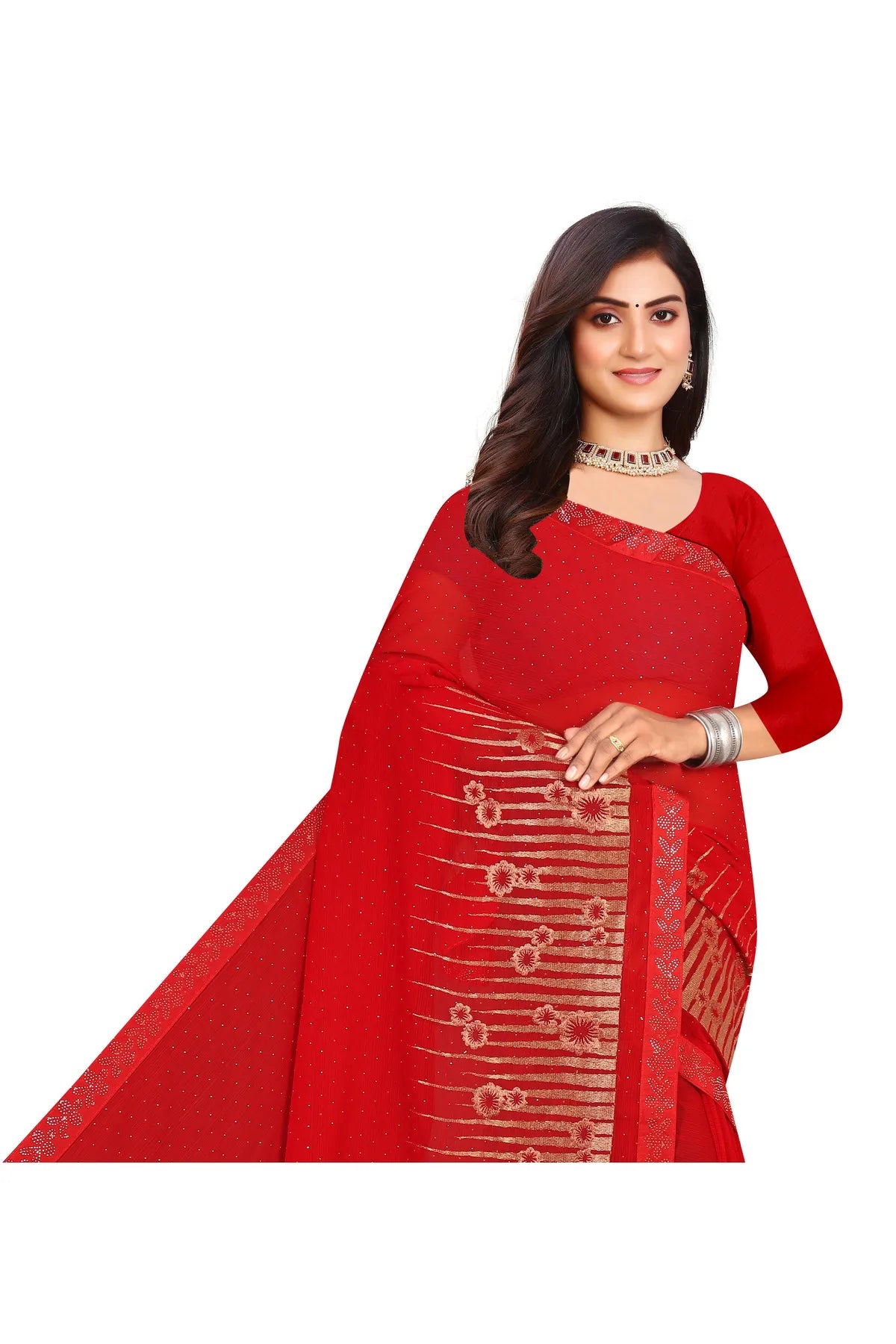 Enchanted Sparkle Shimmer Chiffon Sarees D12-Red