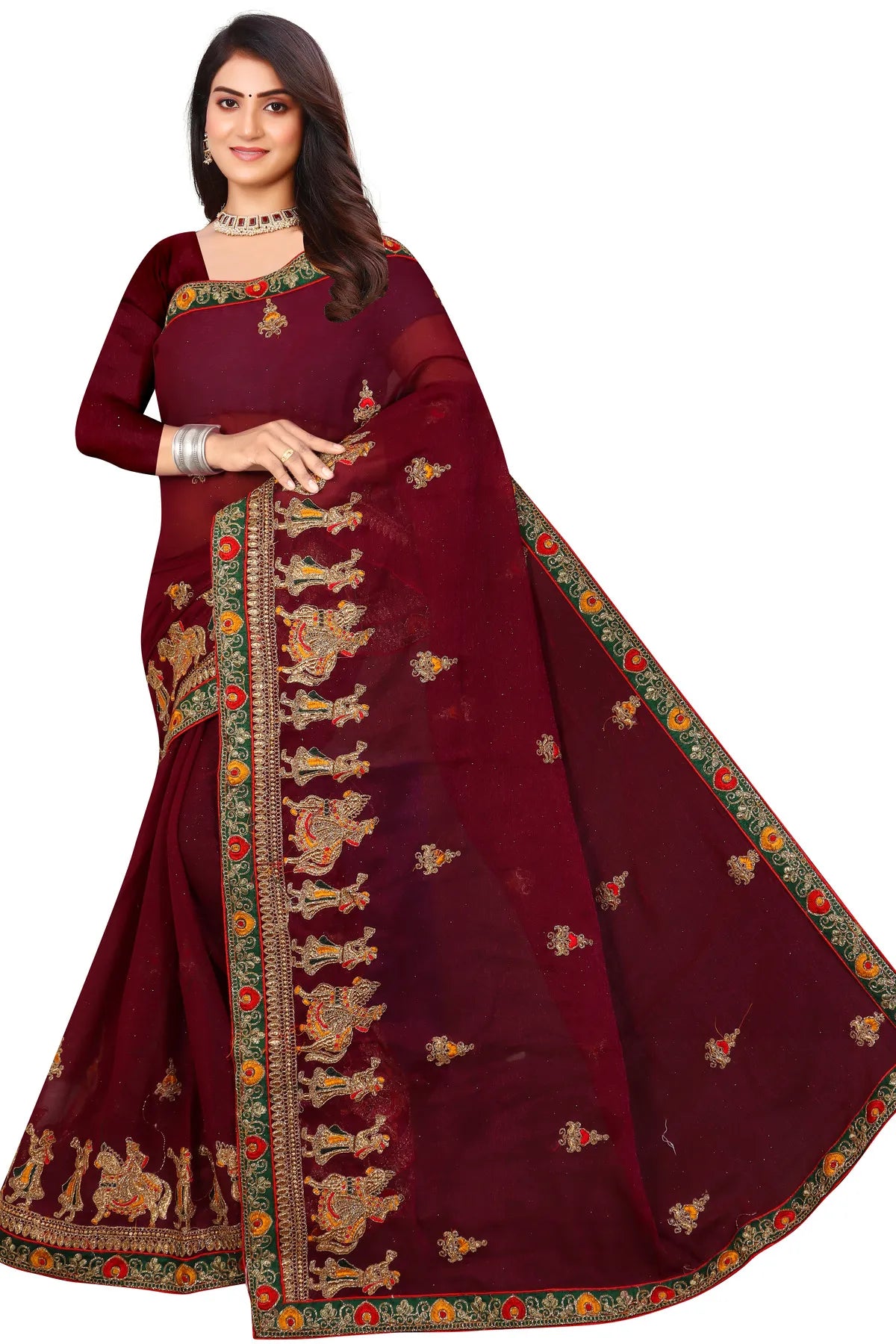 Enchanted Sparkle Shimmer Chiffon Sarees D13-BROWN