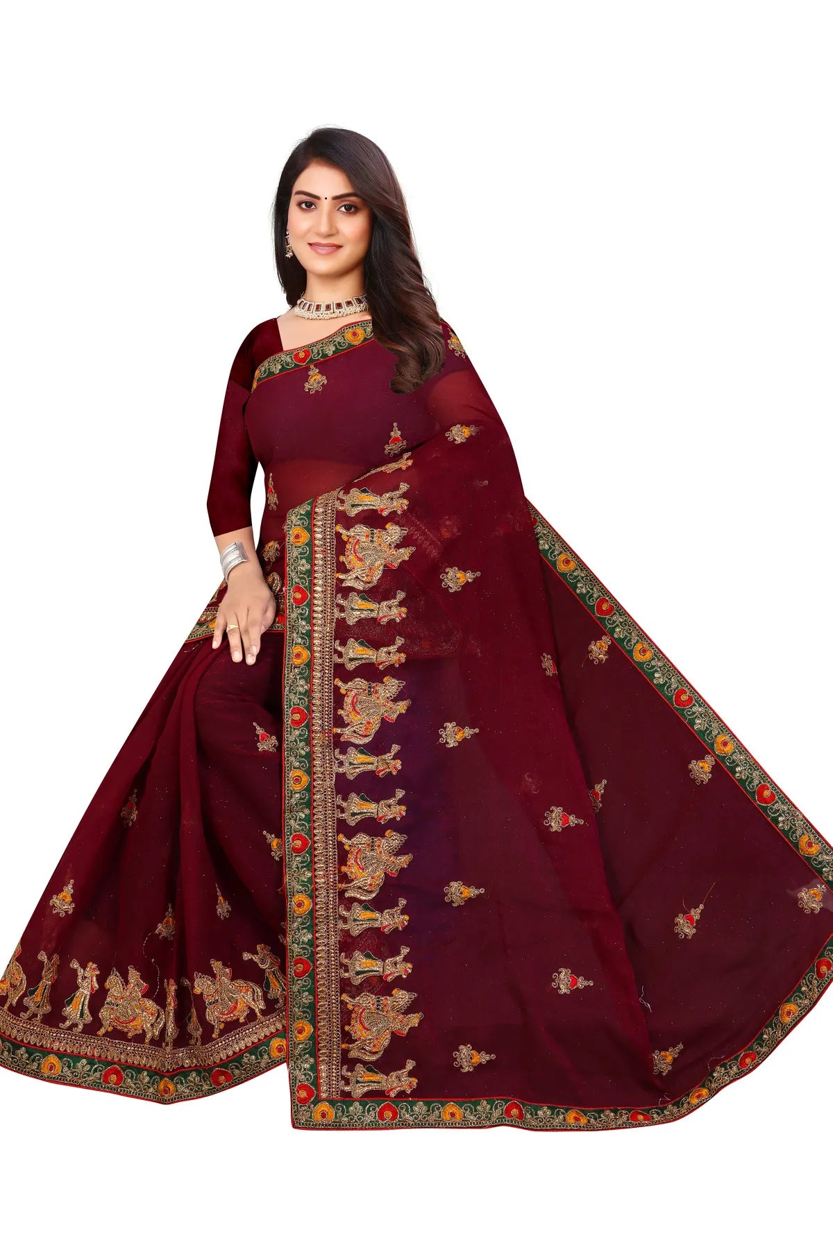 Enchanted Sparkle Shimmer Chiffon Sarees D13-BROWN
