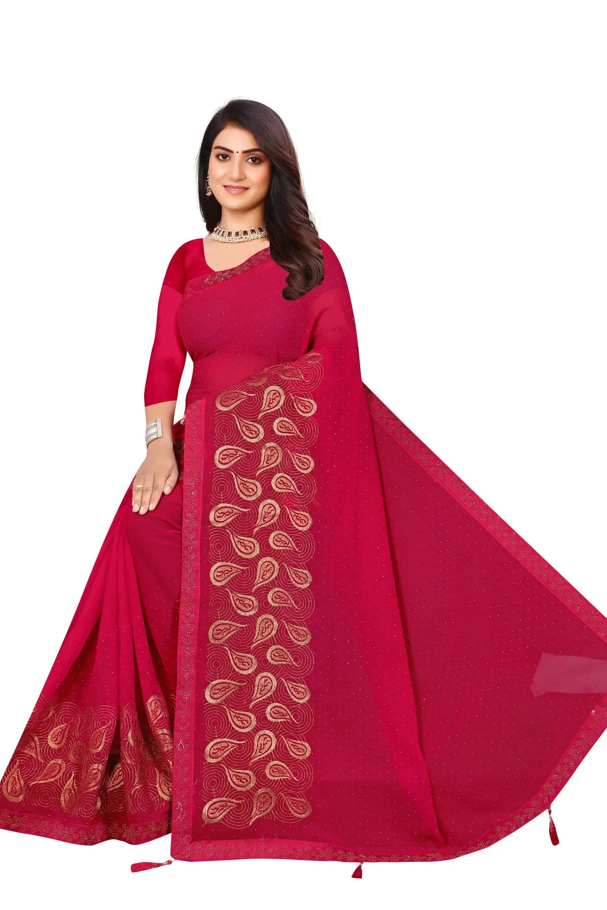 Enchanted Sparkle Shimmer Chiffon Sarees D15-Pink
