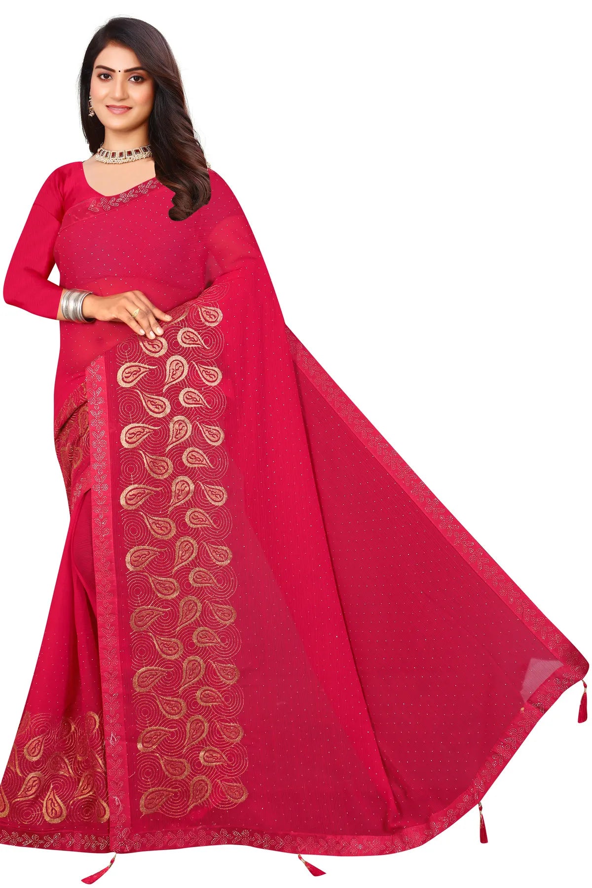 Enchanted Sparkle Shimmer Chiffon Sarees D15-Pink