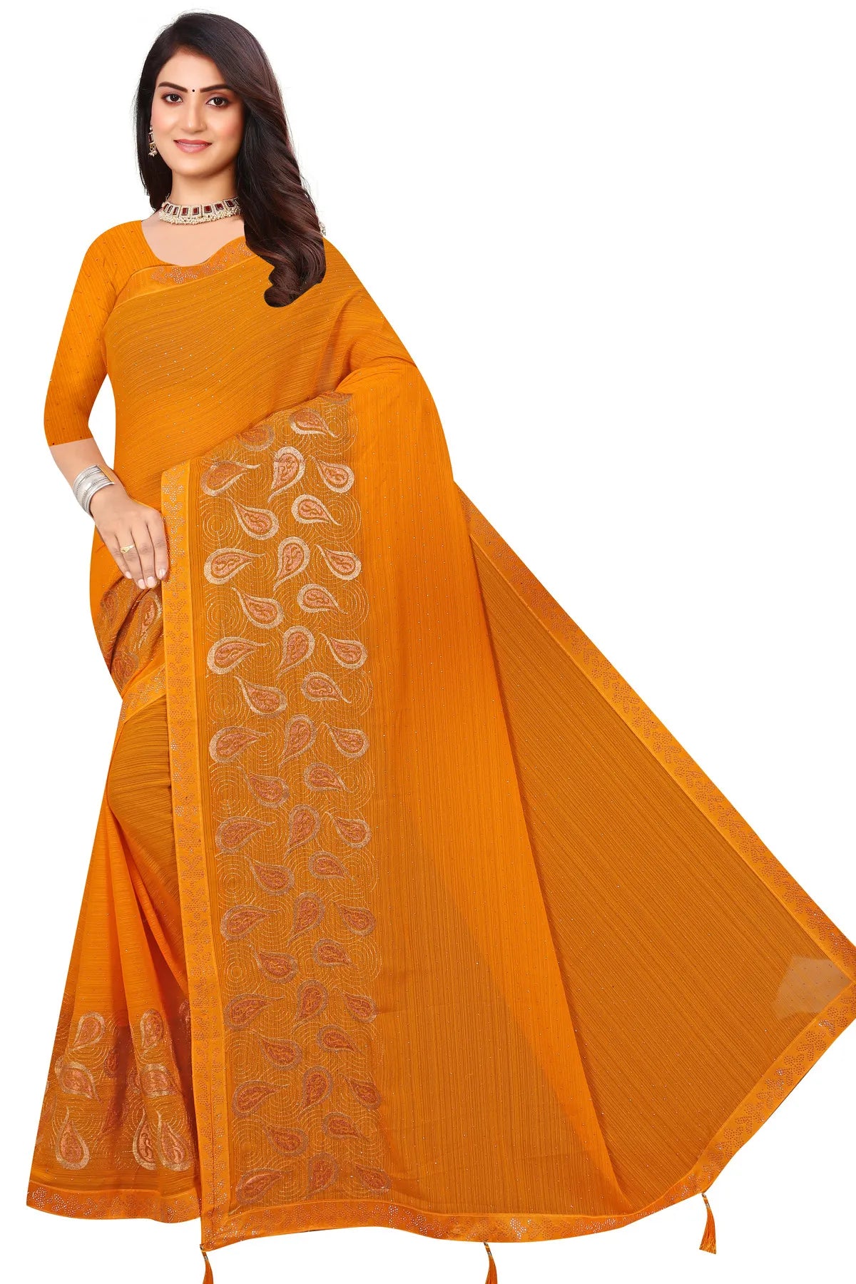 Enchanted Sparkle Shimmer Chiffon Sarees D15-Yellow