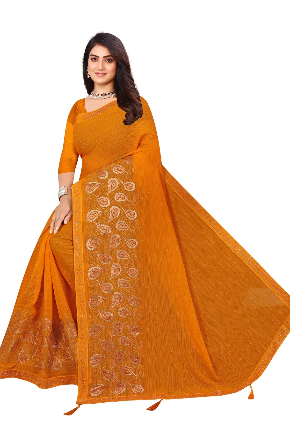 Enchanted Sparkle Shimmer Chiffon Sarees D15-Yellow