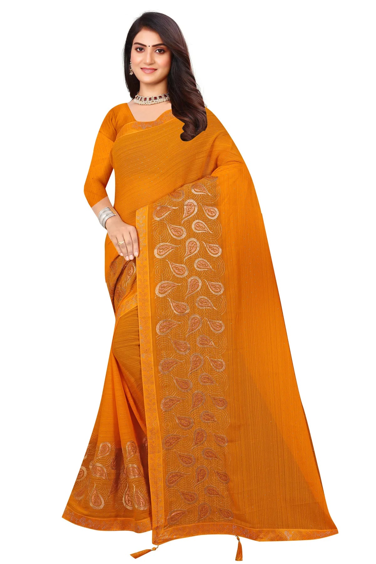 Enchanted Sparkle Shimmer Chiffon Sarees D15-Yellow