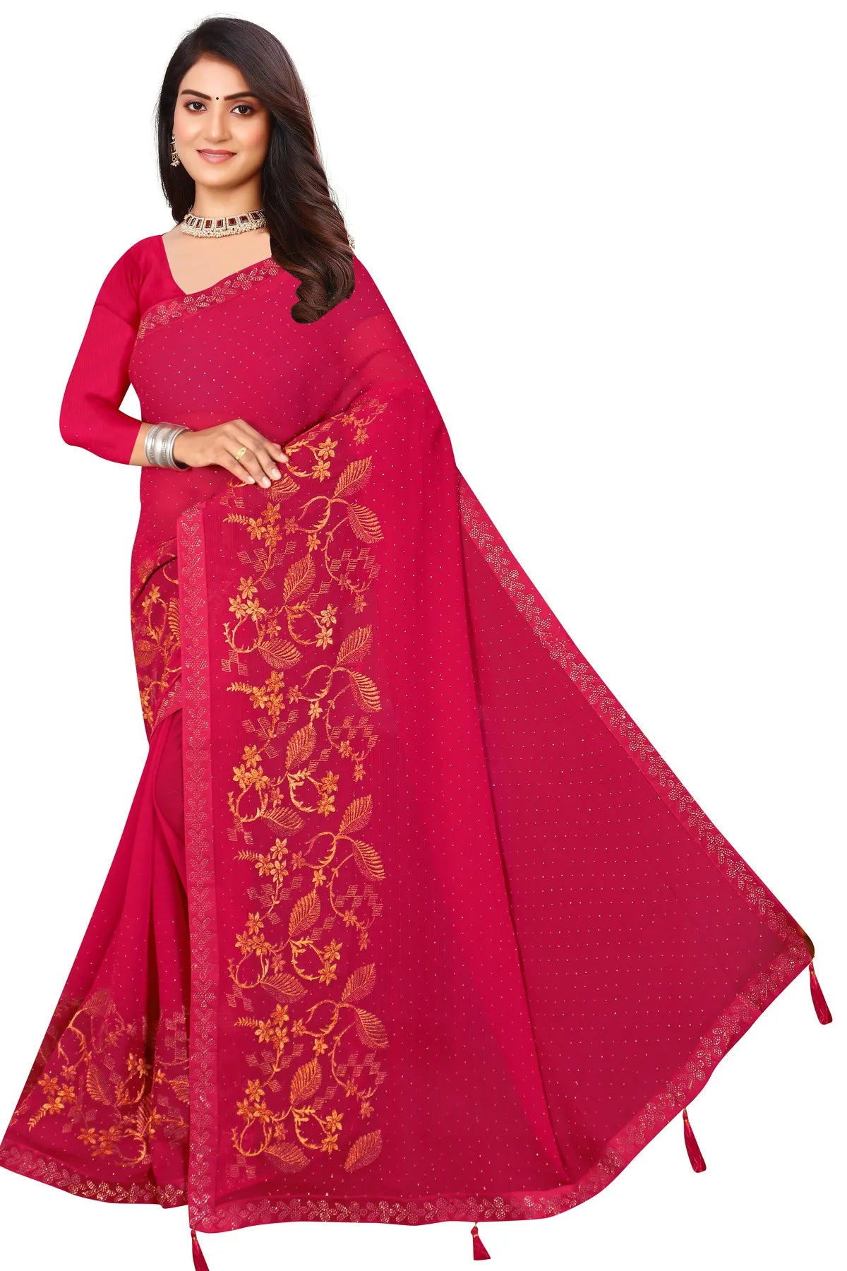 Enchanted Sparkle Shimmer Chiffon Sarees G-SAREE D16-PINK