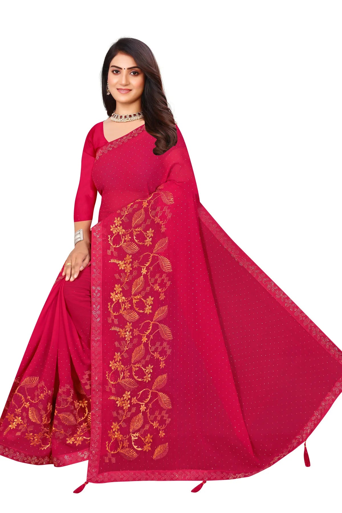 Enchanted Sparkle Shimmer Chiffon Sarees G-SAREE D16-PINK