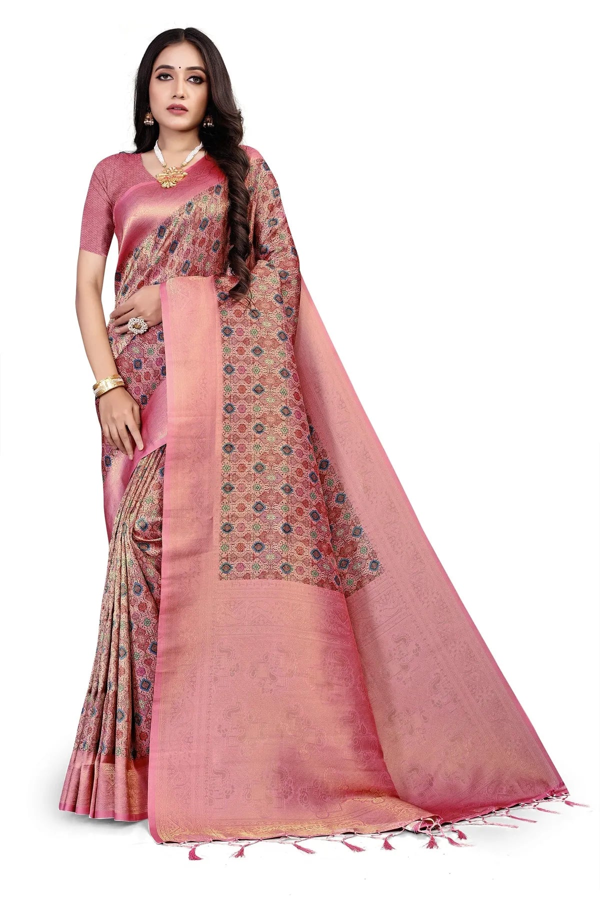 Glimmering Threads: Exquisite Silk Sarees for Women's (SAREE D1-PINK)