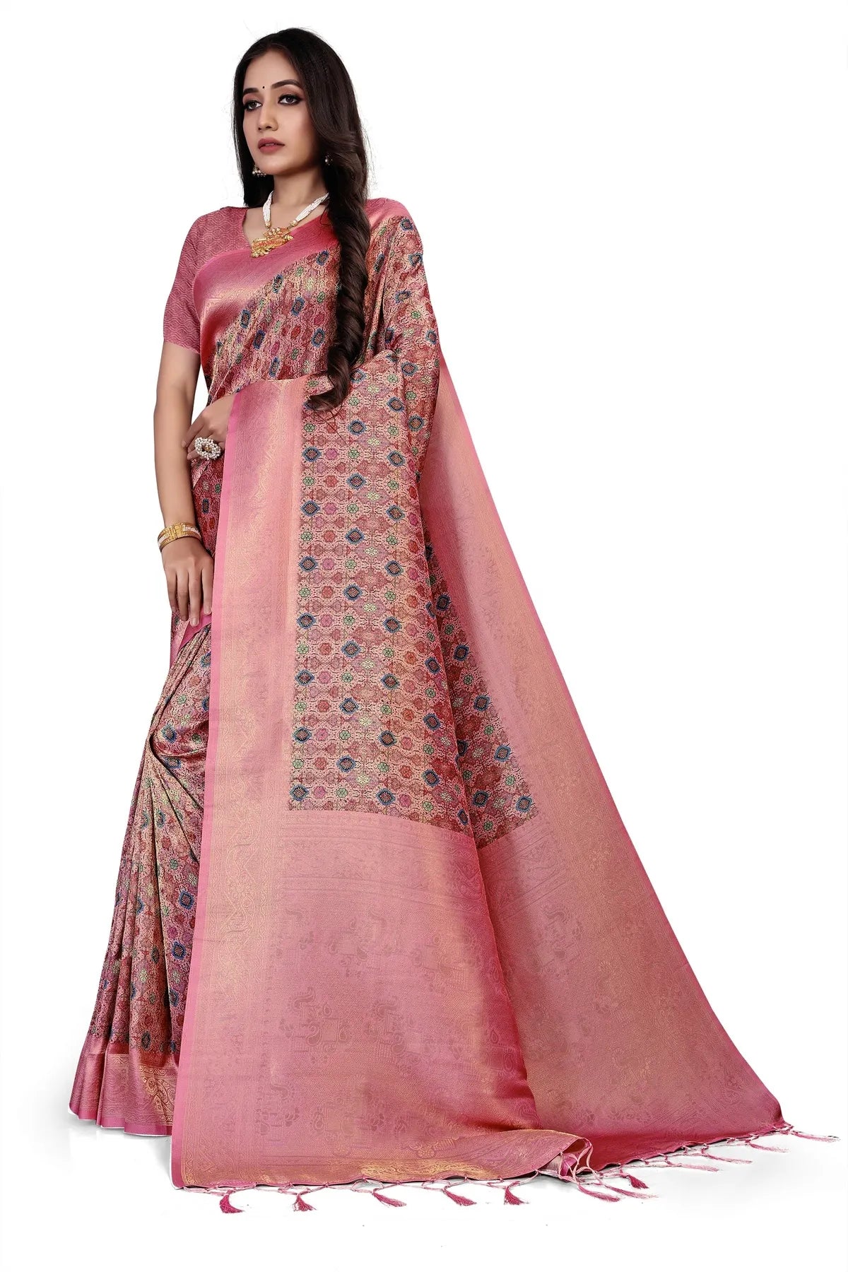 Glimmering Threads: Exquisite Silk Sarees for Women's (SAREE D1-PINK)