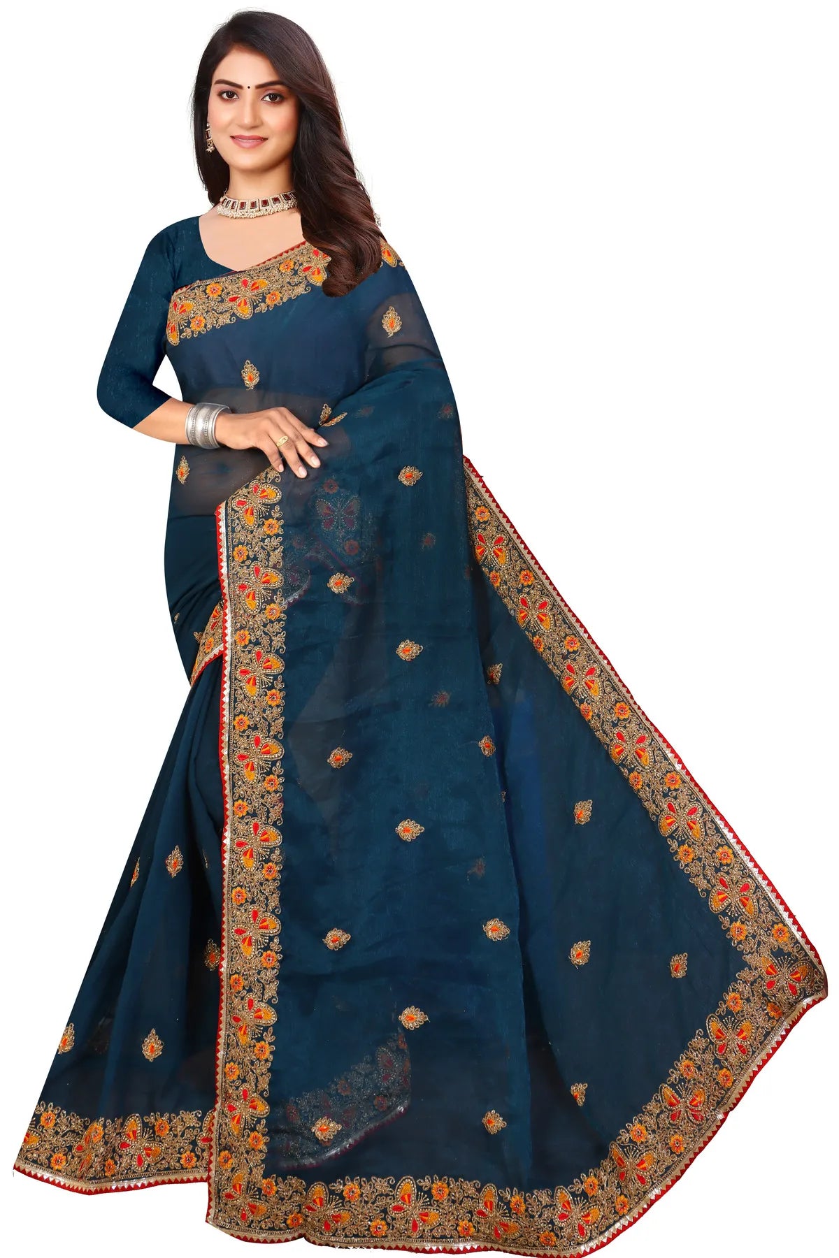 Enchanted Sparkle Shimmer Chiffon Sarees D10-BLUE
