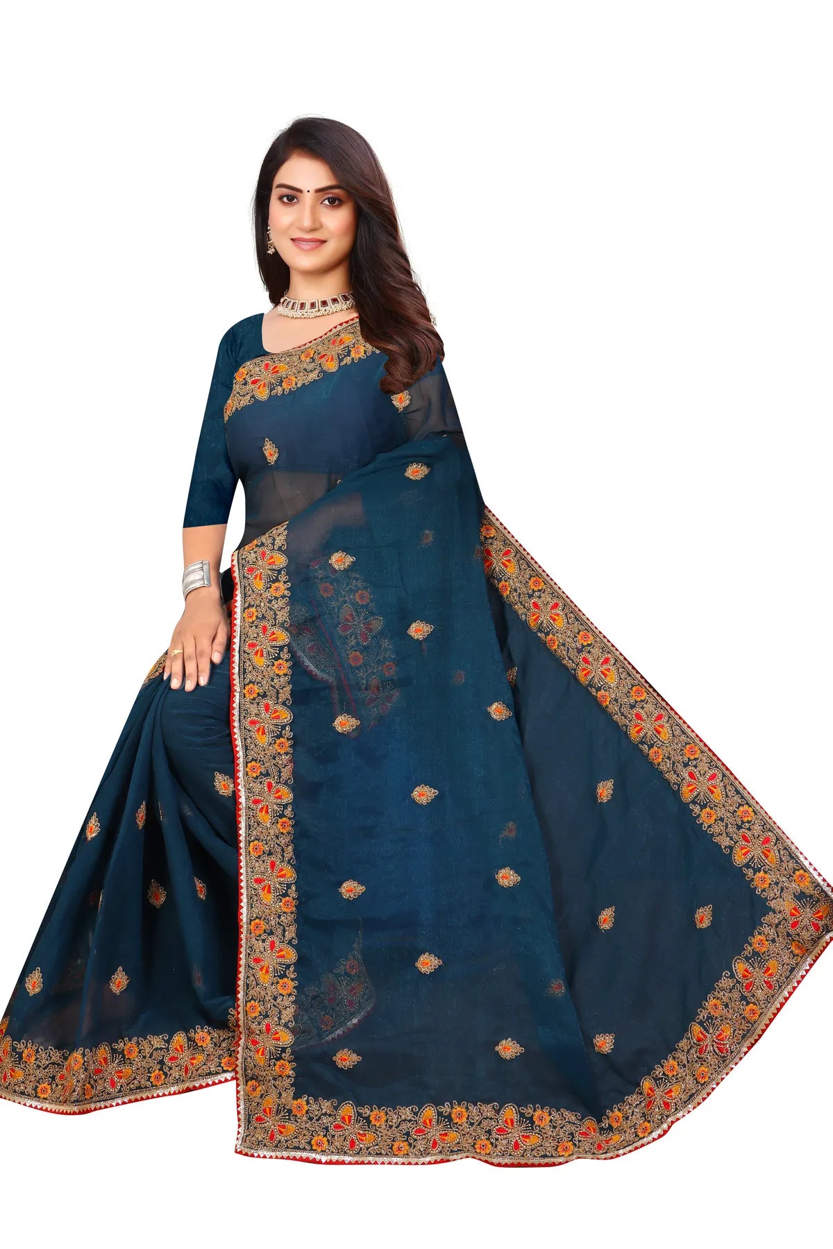 Enchanted Sparkle Shimmer Chiffon Sarees D10-BLUE