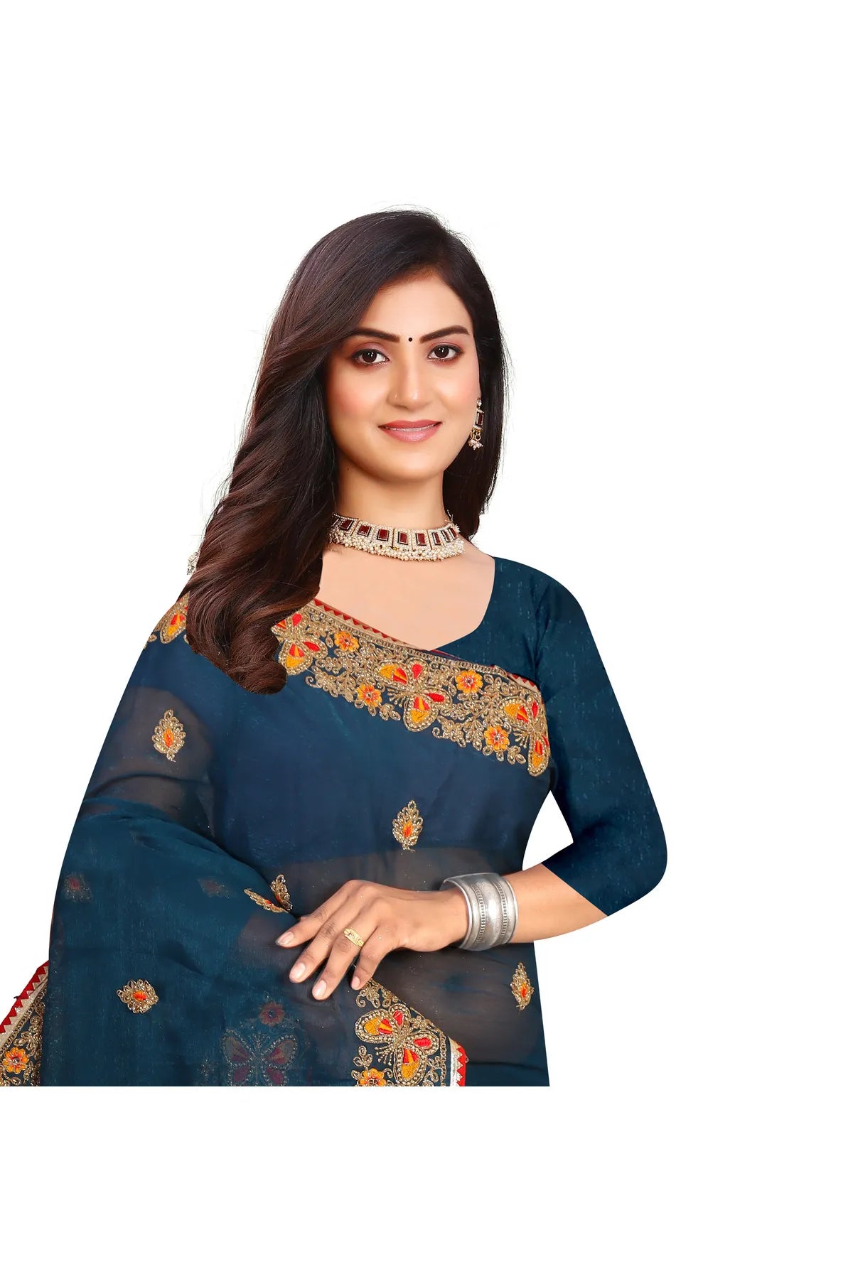 Enchanted Sparkle Shimmer Chiffon Sarees D10-BLUE