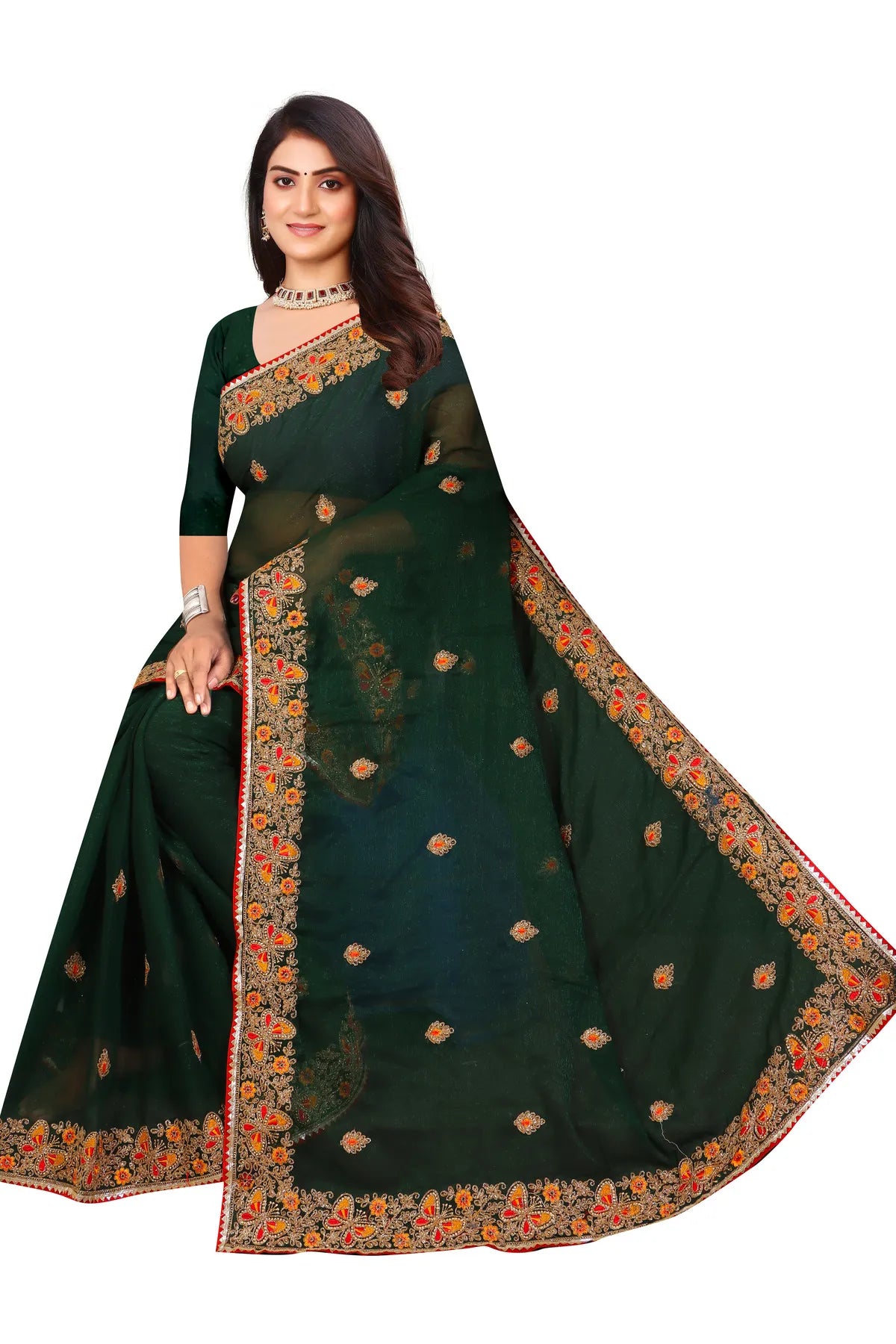 Enchanted Sparkle Shimmer Chiffon Sarees SAREE D10-Green