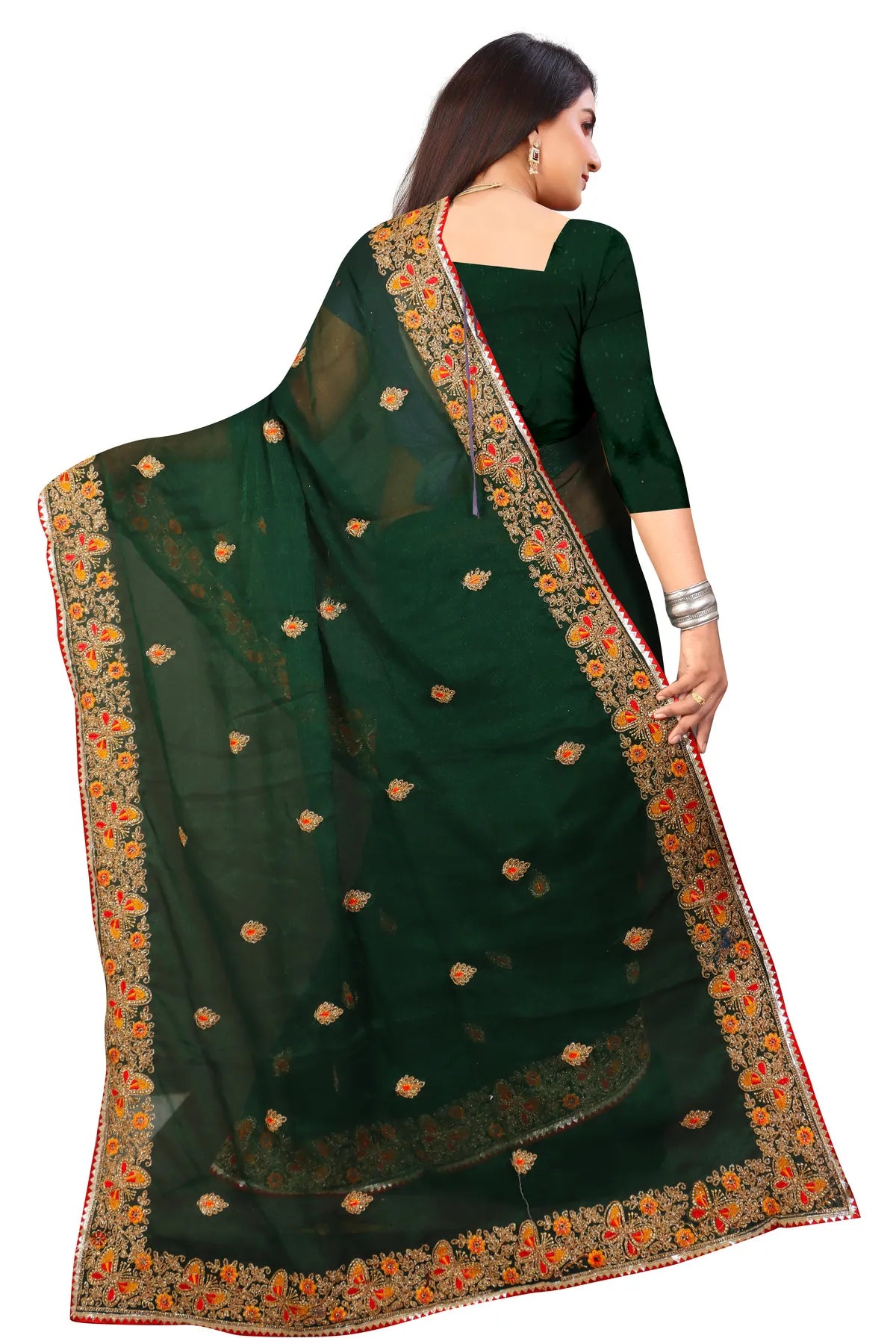 Enchanted Sparkle Shimmer Chiffon Sarees SAREE D10-Green
