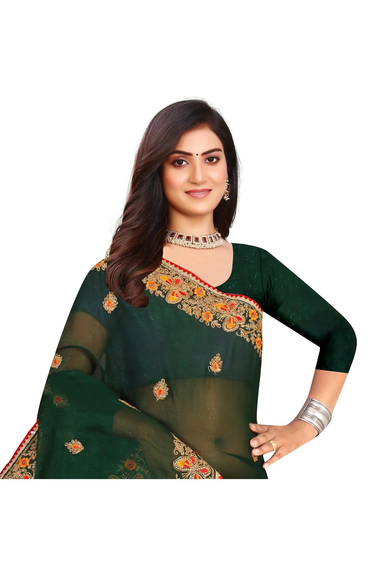 Enchanted Sparkle Shimmer Chiffon Sarees SAREE D10-Green