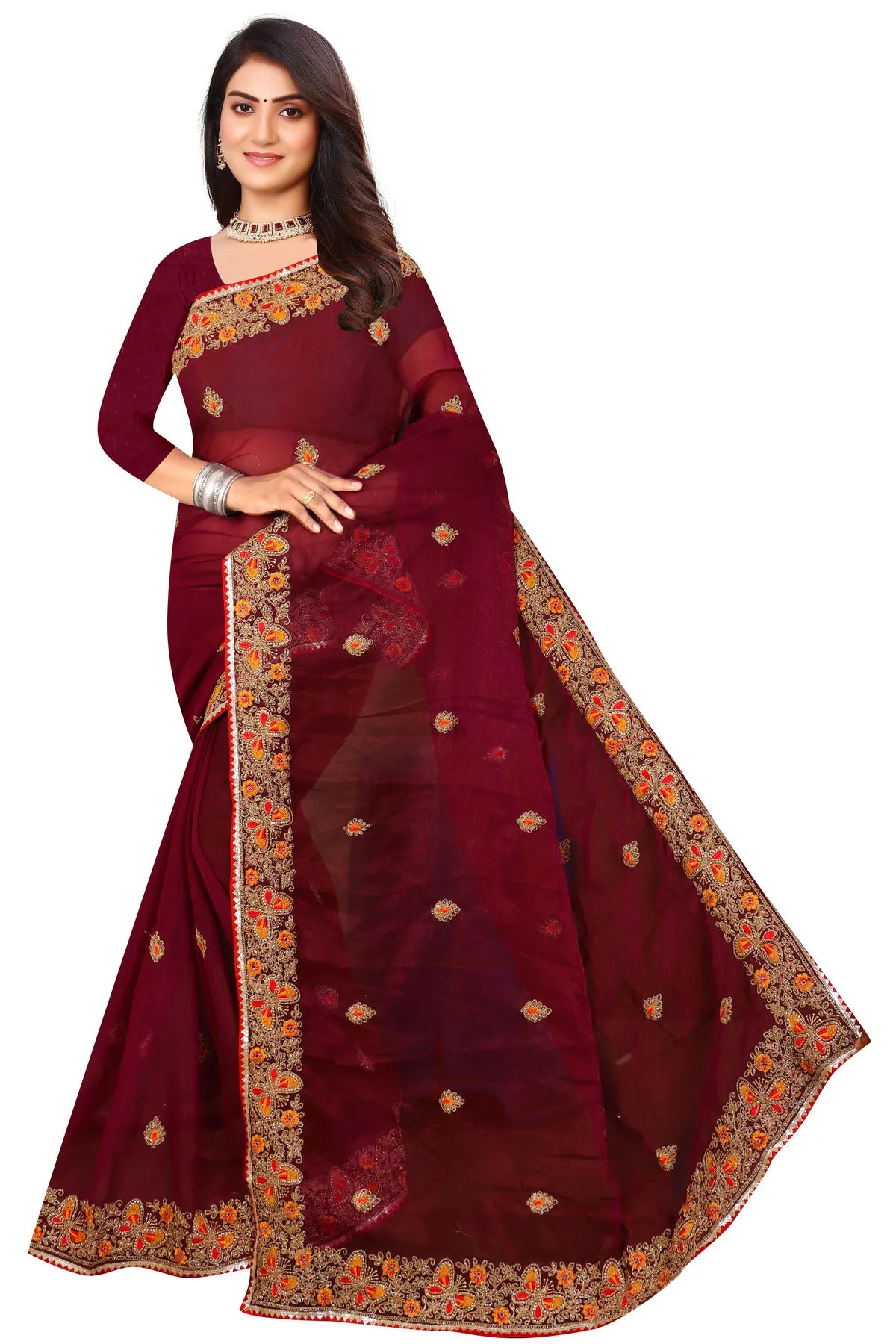 Enchanted Sparkle Shimmer Chiffon Sarees SAREE D10-Purple