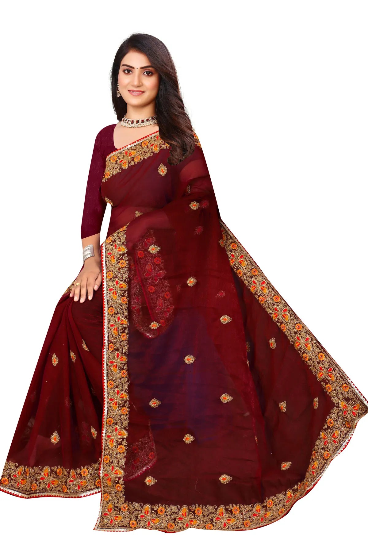 Enchanted Sparkle Shimmer Chiffon Sarees SAREE D10-Purple