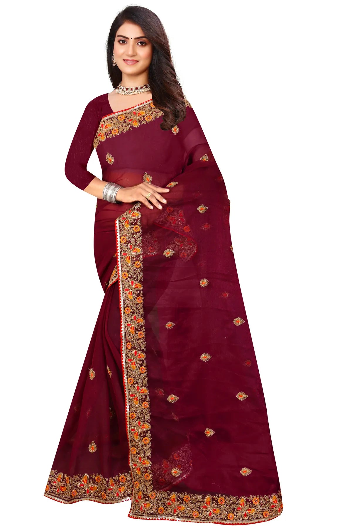 Enchanted Sparkle Shimmer Chiffon Sarees SAREE D10-Purple