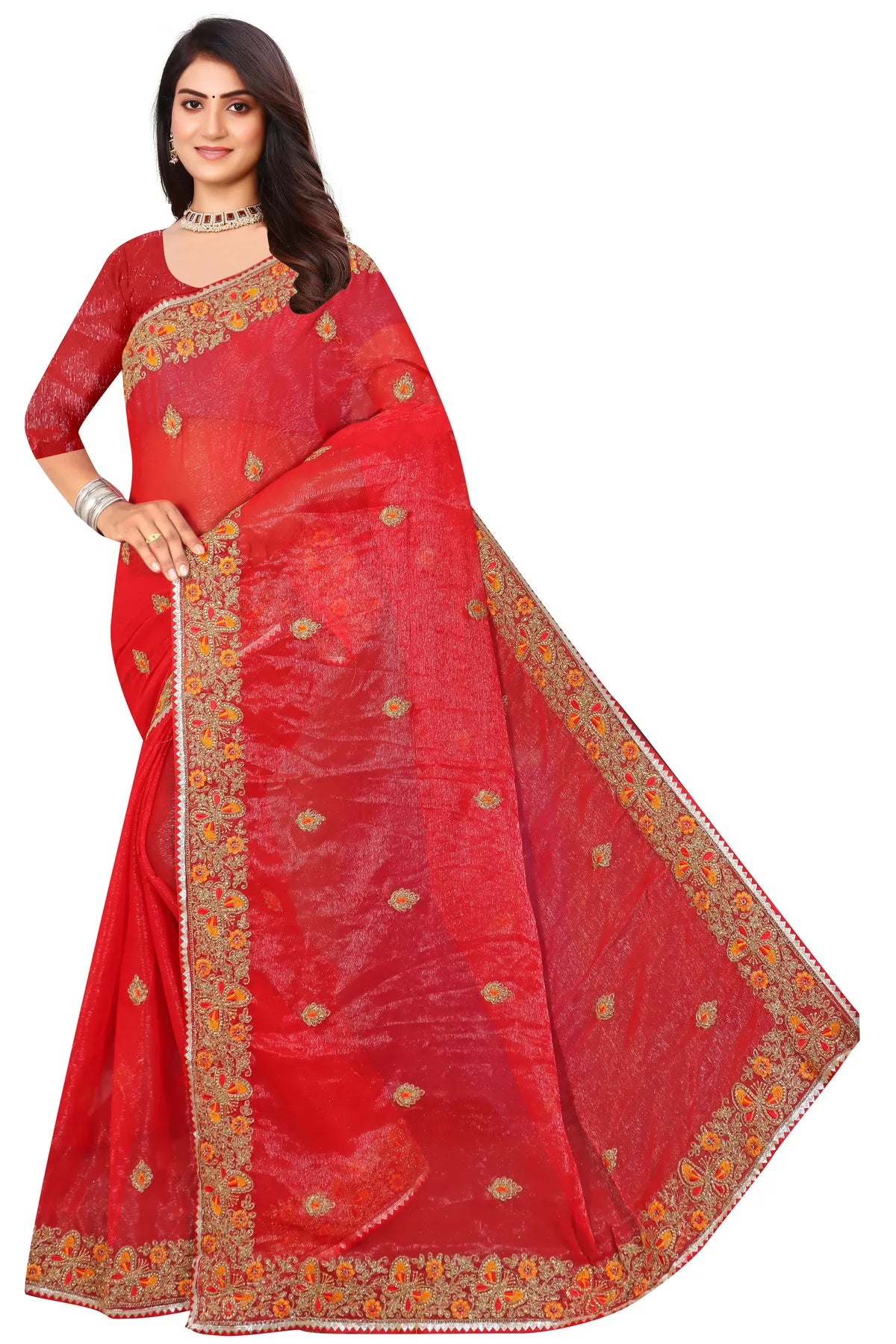 Enchanted Sparkle Shimmer Chiffon Sarees SAREE D10-Red