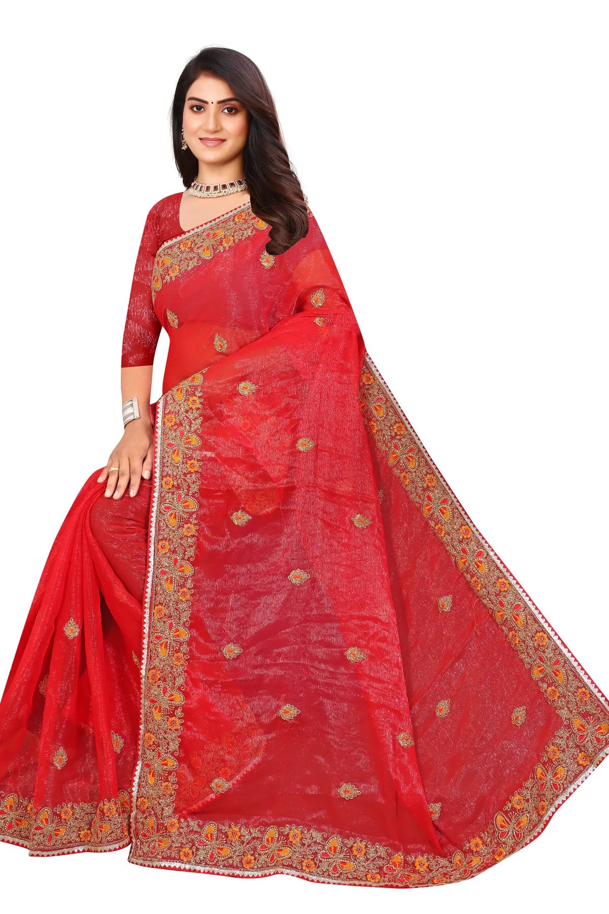 Enchanted Sparkle Shimmer Chiffon Sarees SAREE D10-Red
