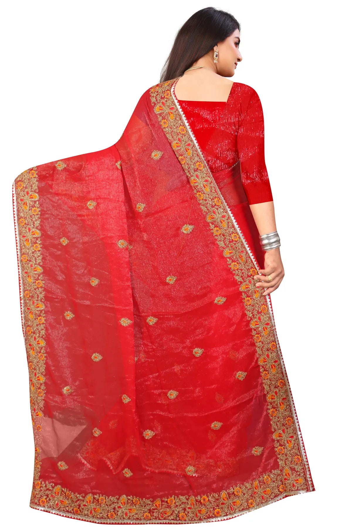 Enchanted Sparkle Shimmer Chiffon Sarees SAREE D10-Red