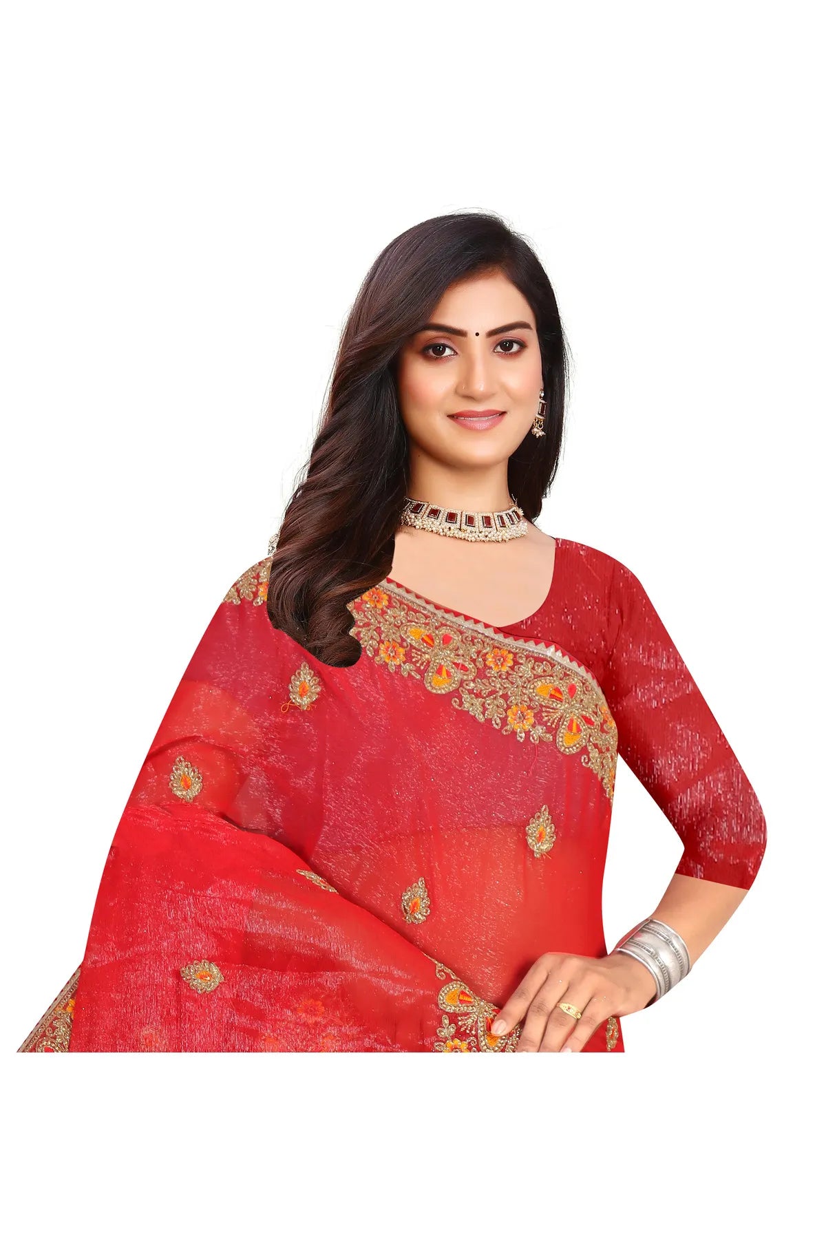 Enchanted Sparkle Shimmer Chiffon Sarees SAREE D10-Red