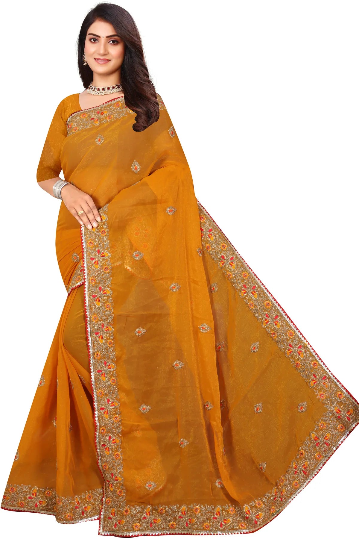 Enchanted Sparkle Shimmer Chiffon Sarees SAREE D10-Yellow