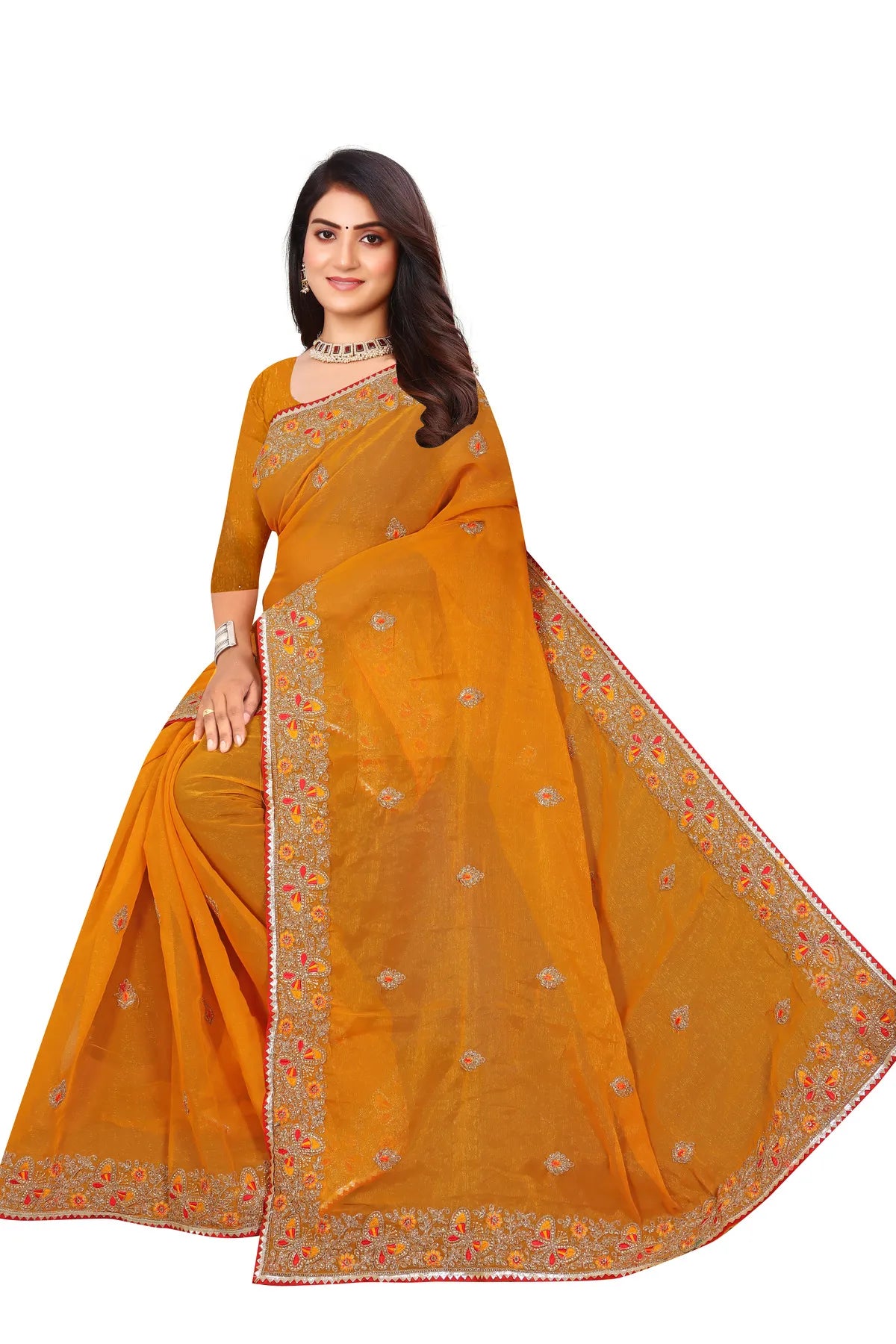 Enchanted Sparkle Shimmer Chiffon Sarees SAREE D10-Yellow