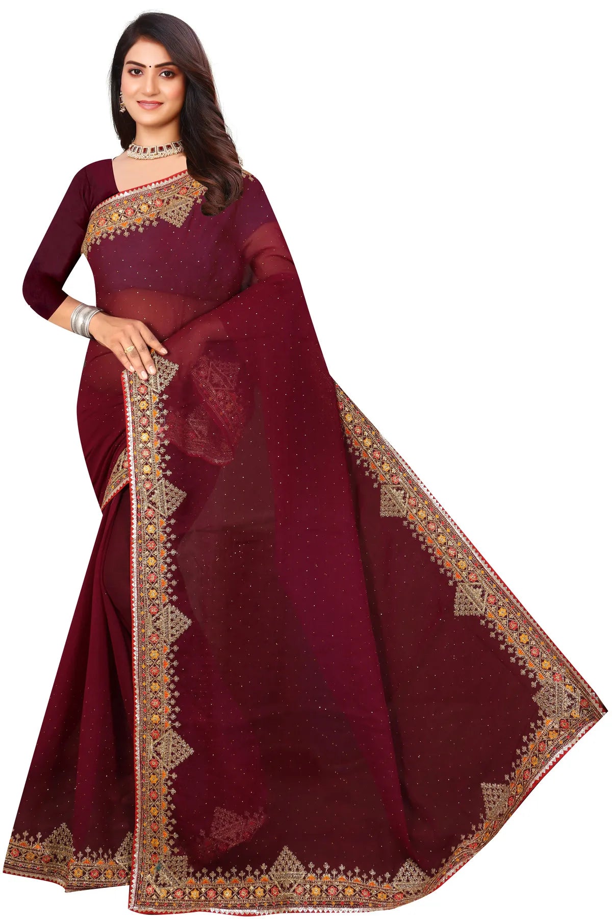 Enchanted Sparkle Shimmer Chiffon Sarees D11-Purple