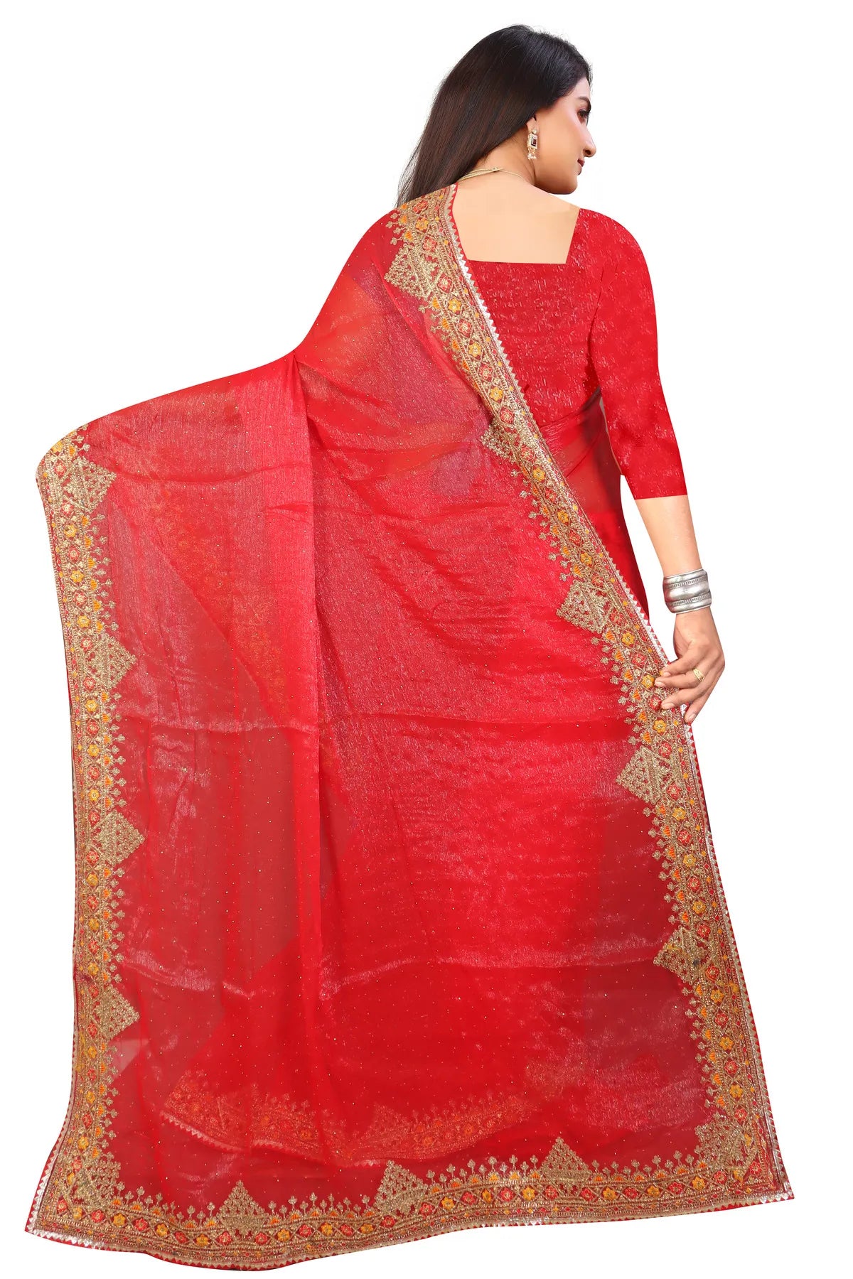 Enchanted Sparkle Shimmer Chiffon Sarees D11-Red