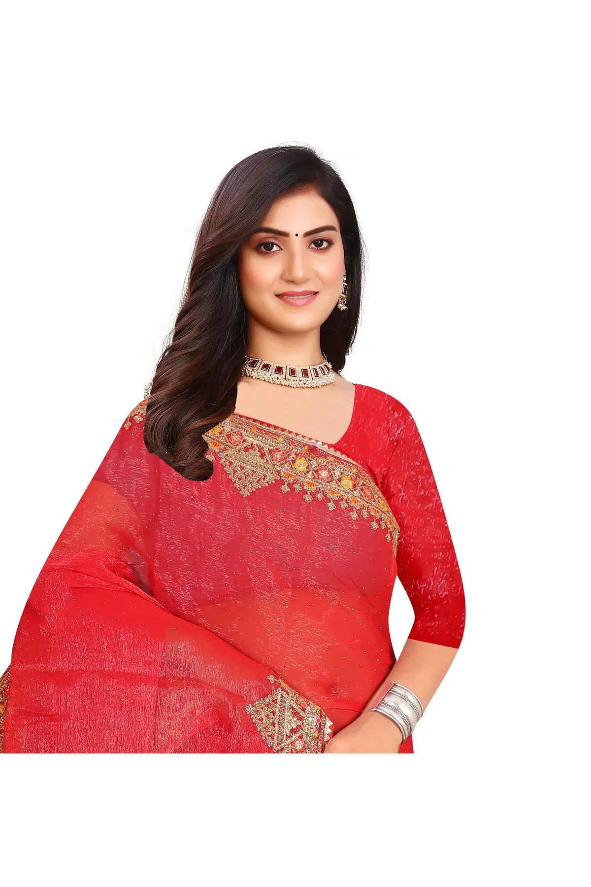 Enchanted Sparkle Shimmer Chiffon Sarees D11-Red